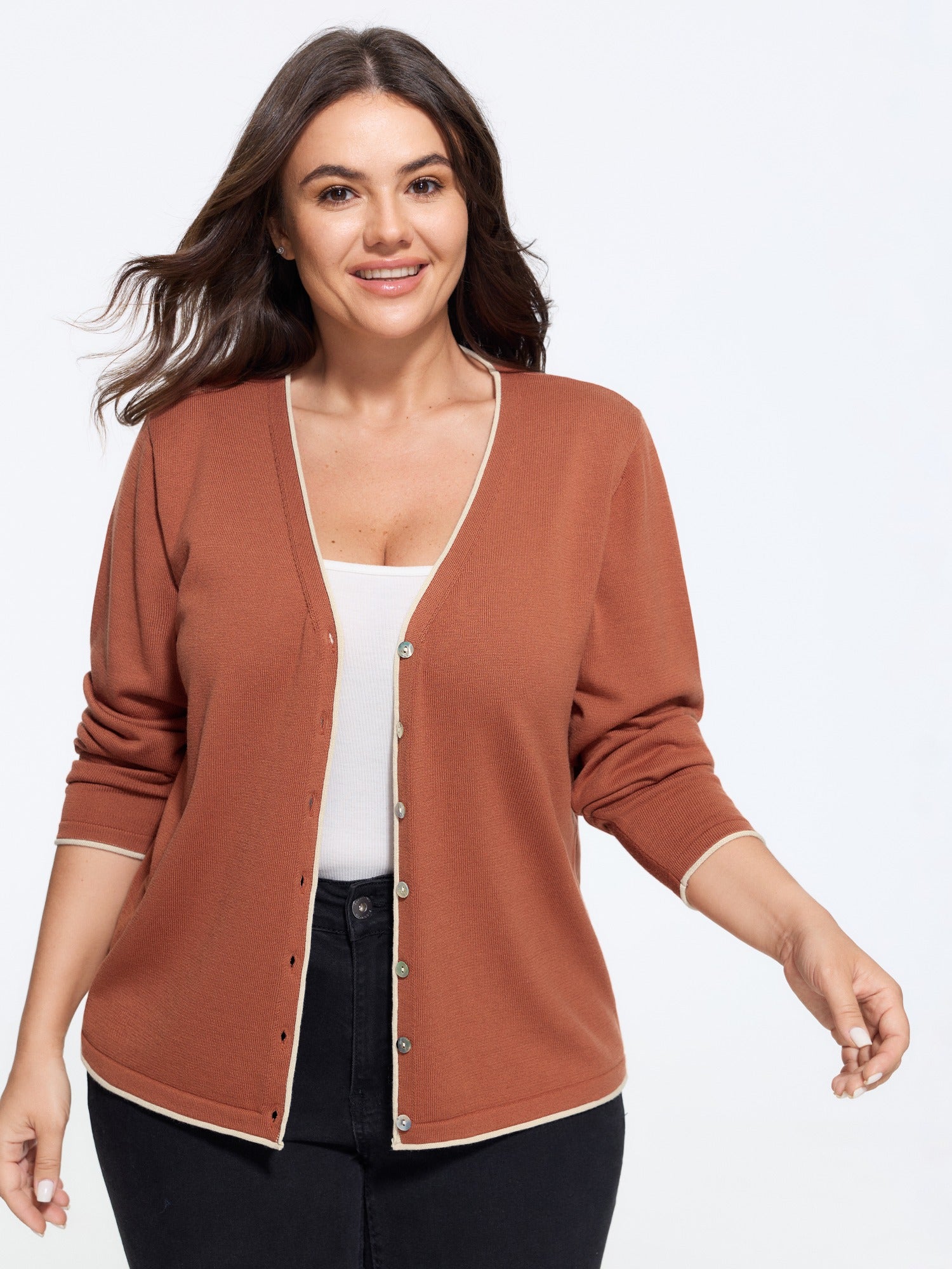 Color Contrast Trim V Neck Front Button Cardigan