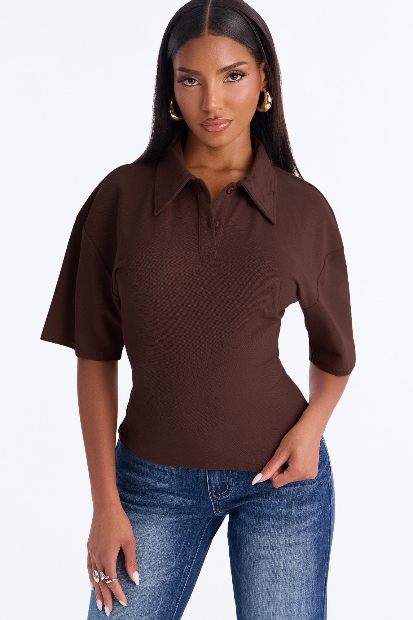 Street Serve Cinched Short Sleeve Polo Top - Chocolate