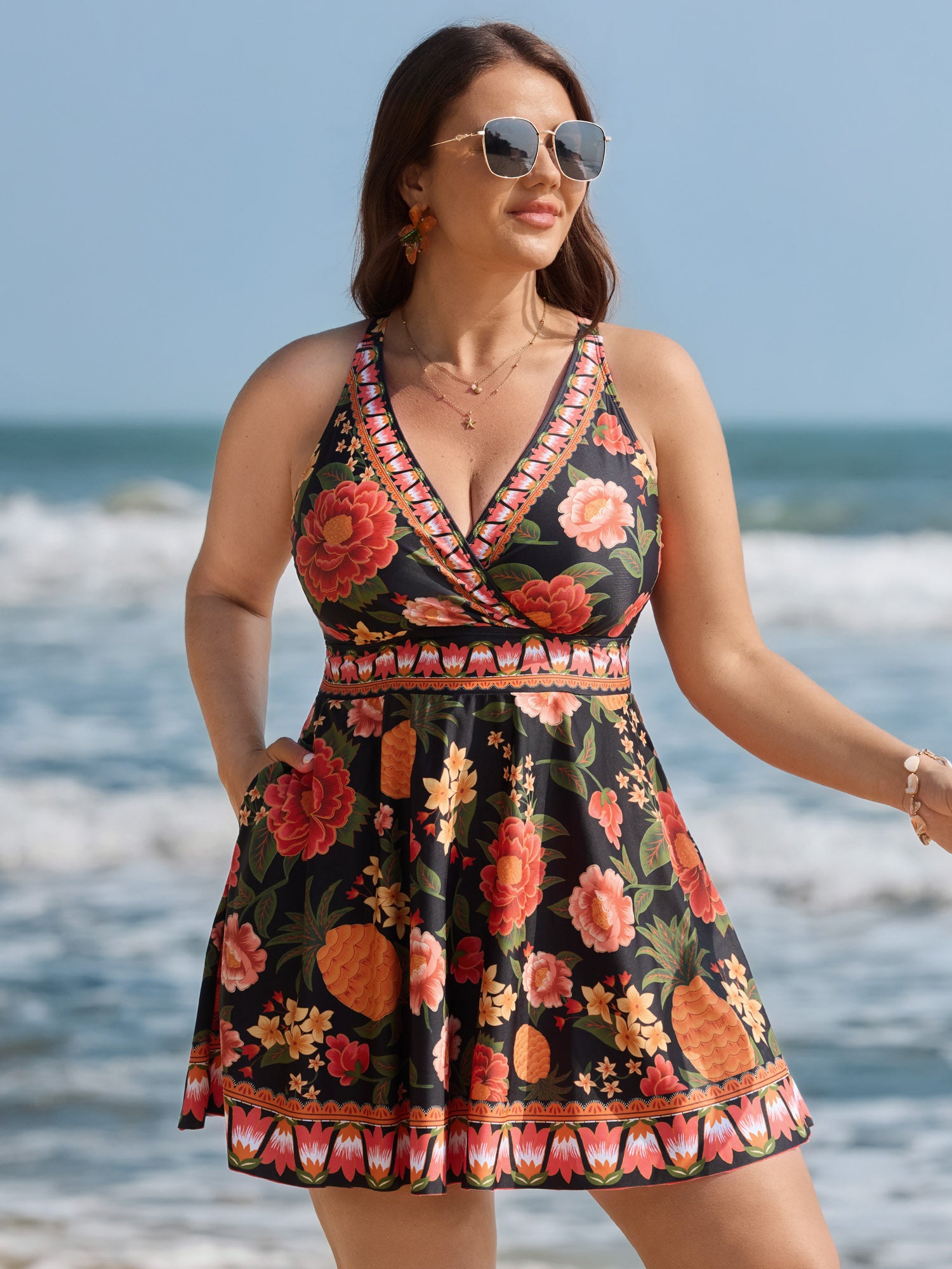 Floral Print Contrast Edge Swim Dress