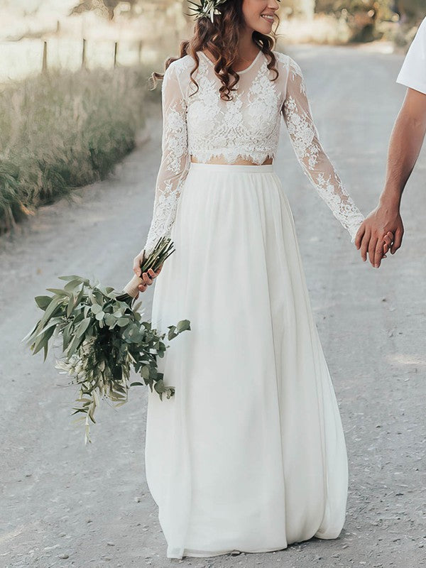 Beautiful Two-Piece Crew Neck A-Line Long Sleeves Chiffon Floor-Length Wedding Dresses