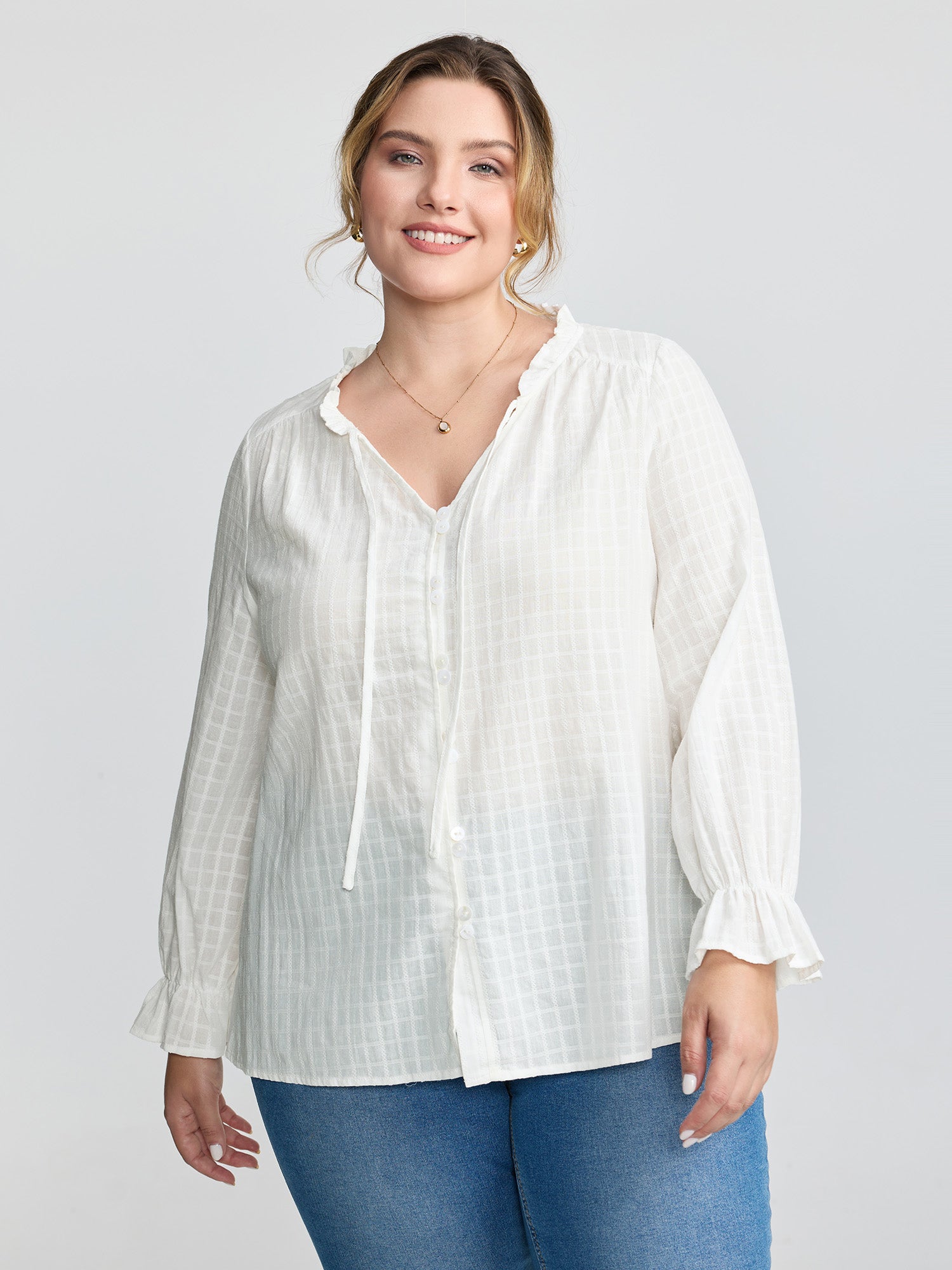 Textured Lantern Sleeve Neck-Tie Blouse