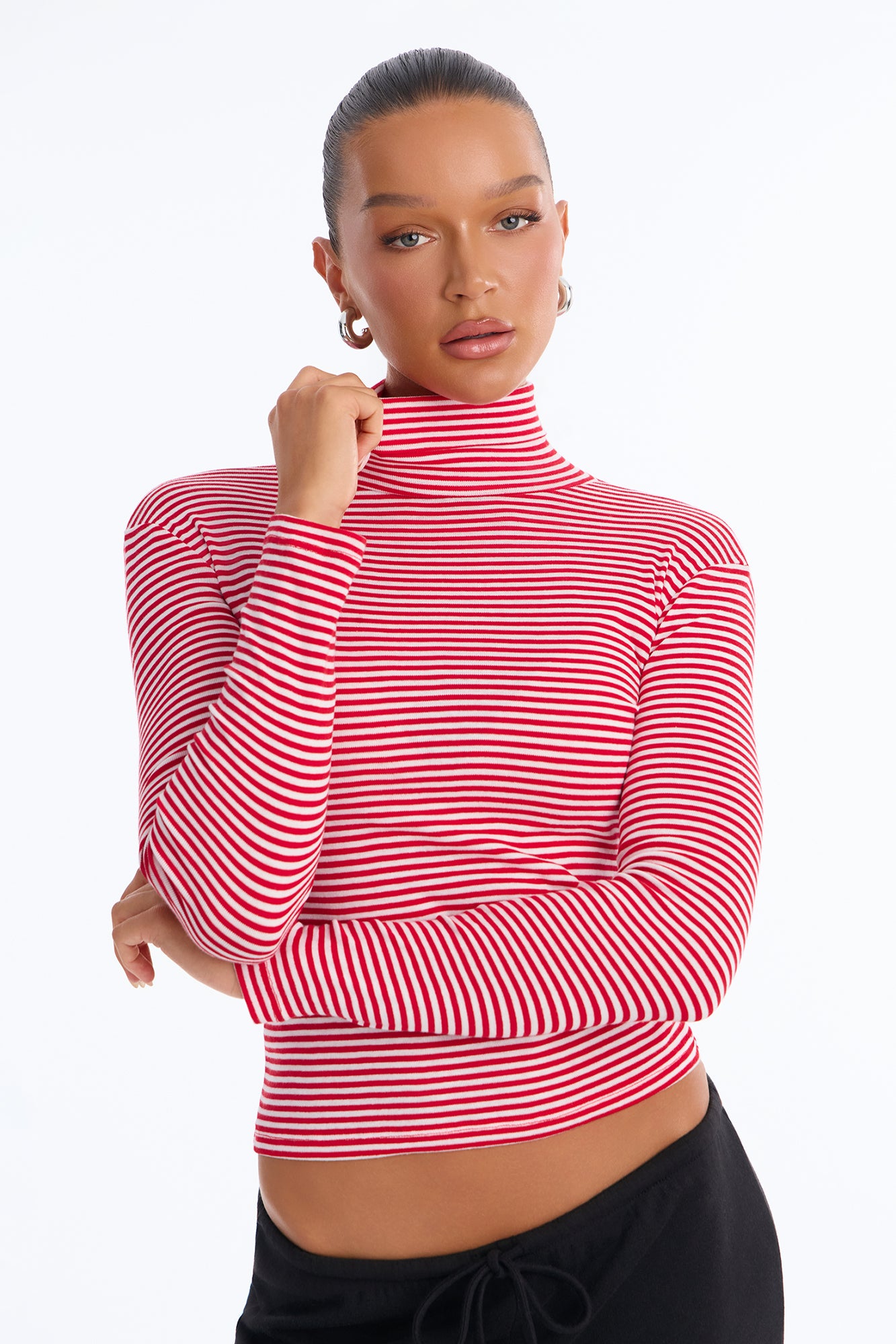 Eloise Striped Turtleneck Long Sleeve Tee - Red/White