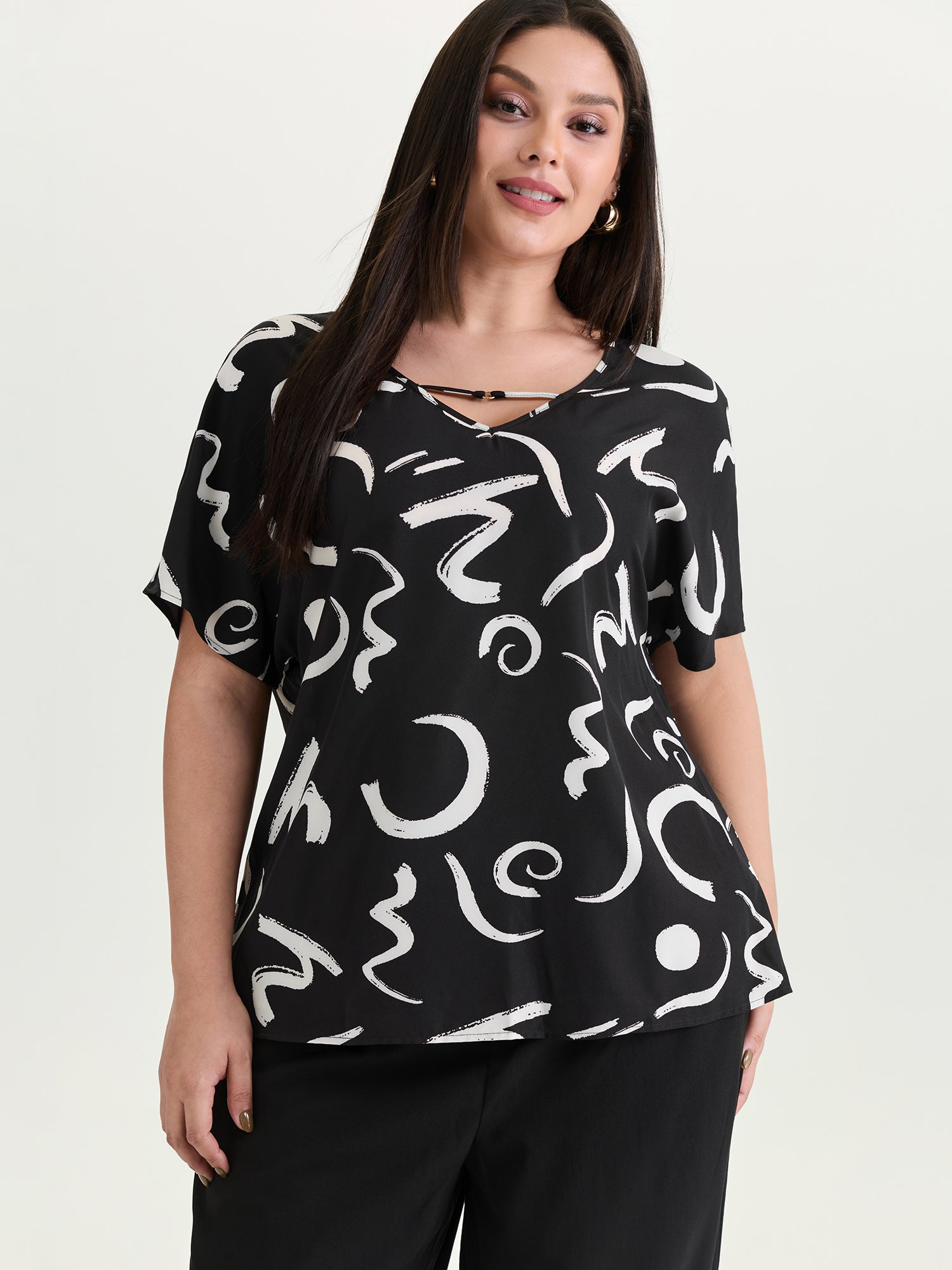 Abstract Print Cut-Out Neckline Blouse