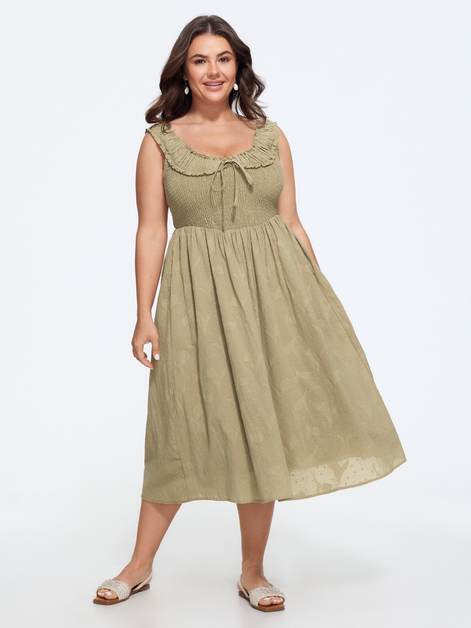 Cotton Textured Shirred Bodice Midi Dress