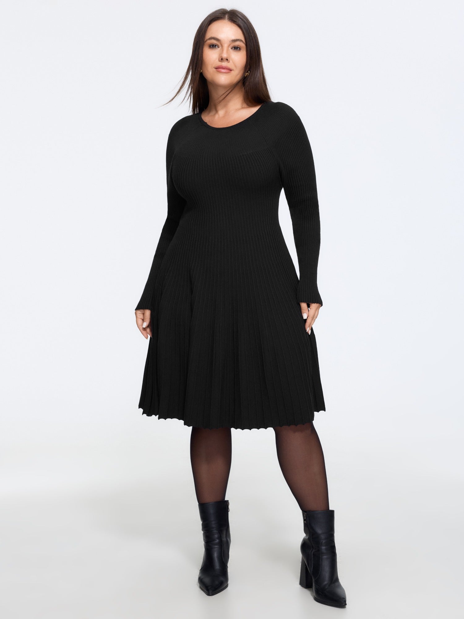 Round Neck Ribbed Knit Sweater Dress