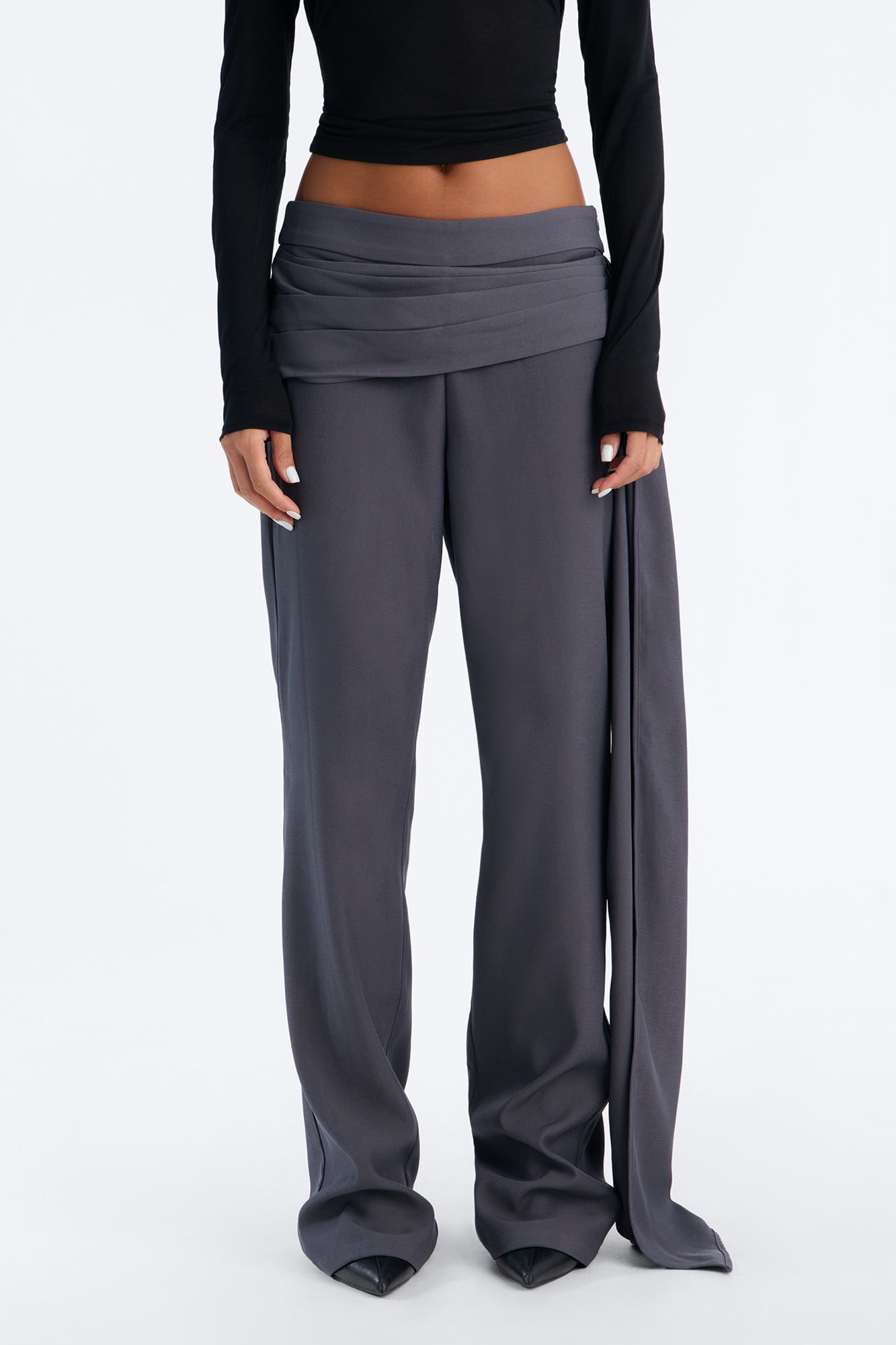 Samira Low Rise Sash Waist Wide Leg Trouser - Charcoal