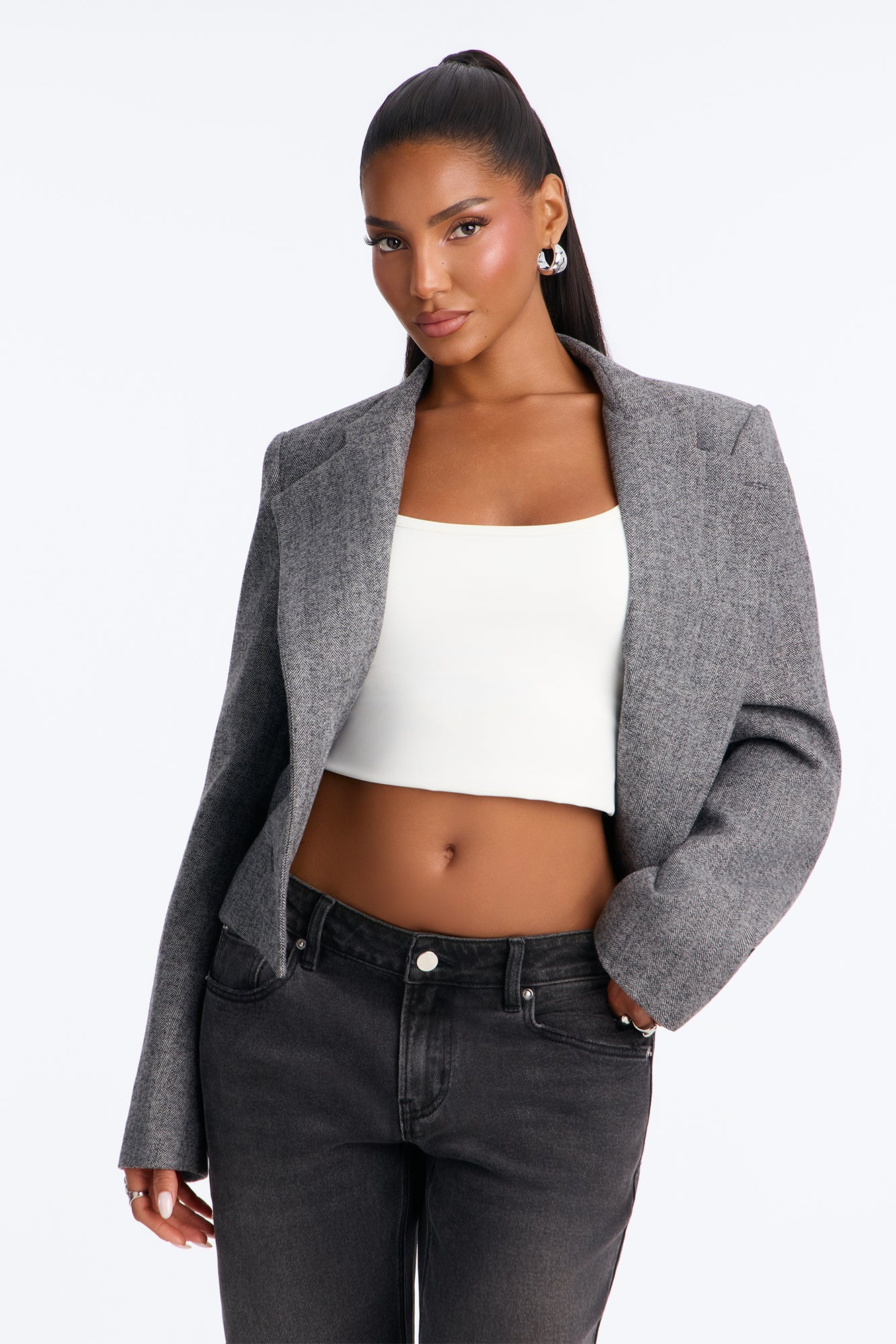 Jolene Stand Collar Tie Waist Wool Blend Blazer - Charcoal