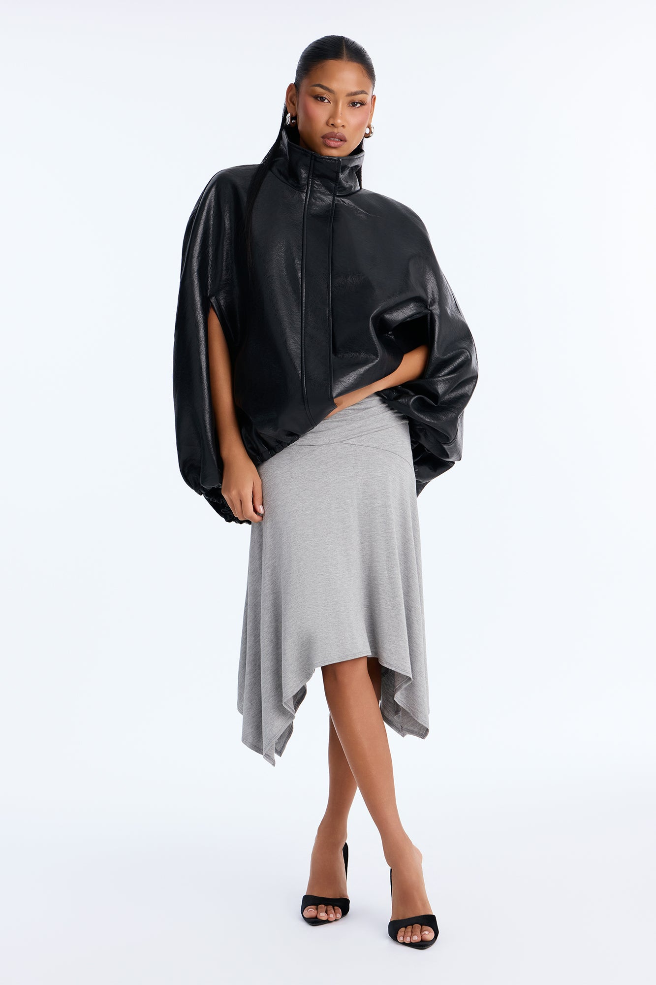 The Drape Faux Leather Funnel Neck Cocoon Coat - Black