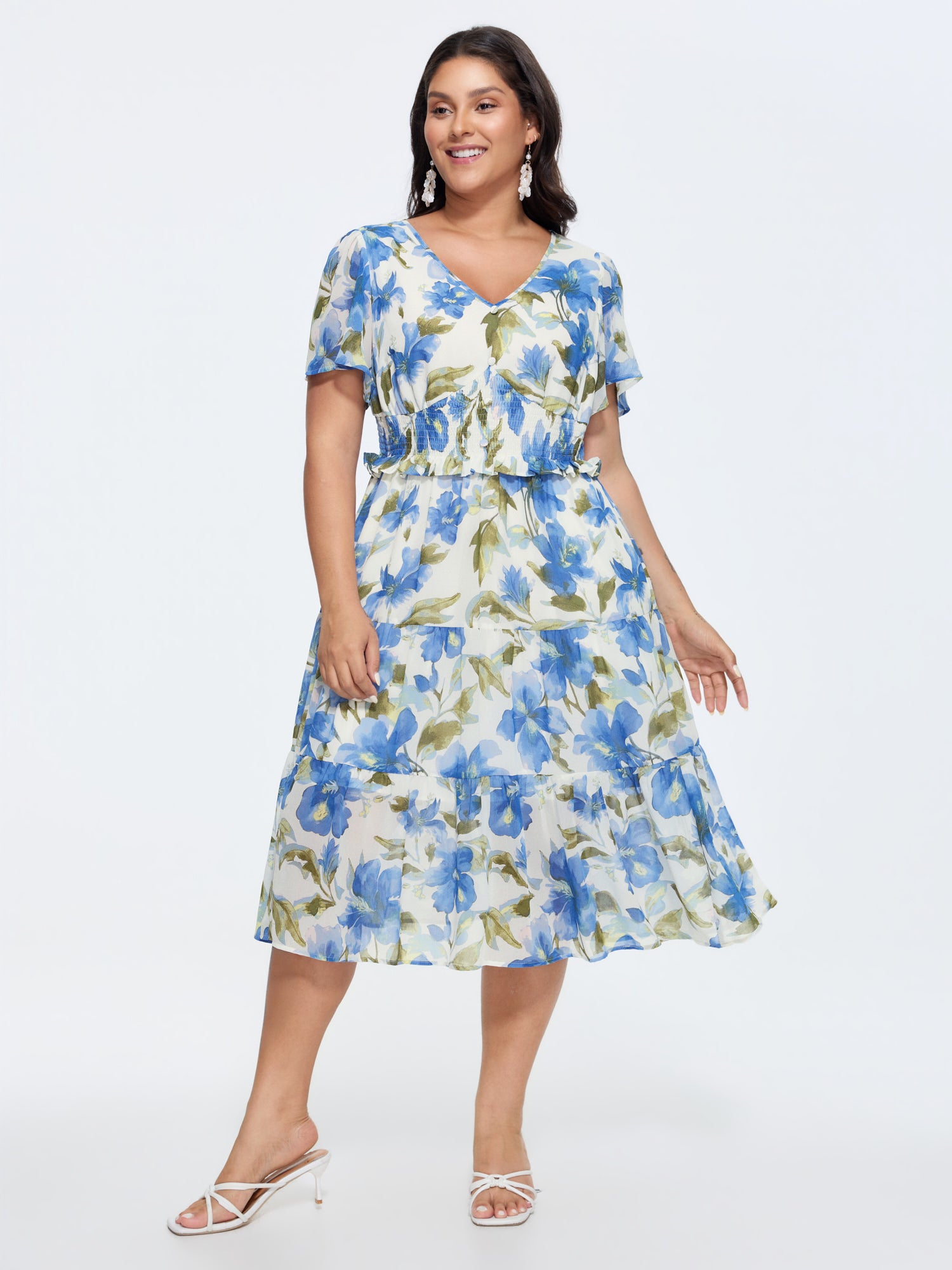 Floral Print Ruffled Edge Cinched-Waist Midi Dress
