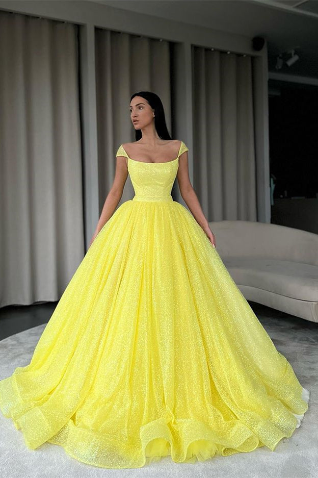 Yellow Sequins Off-The-Shoulder Evening Dress Ball Gown