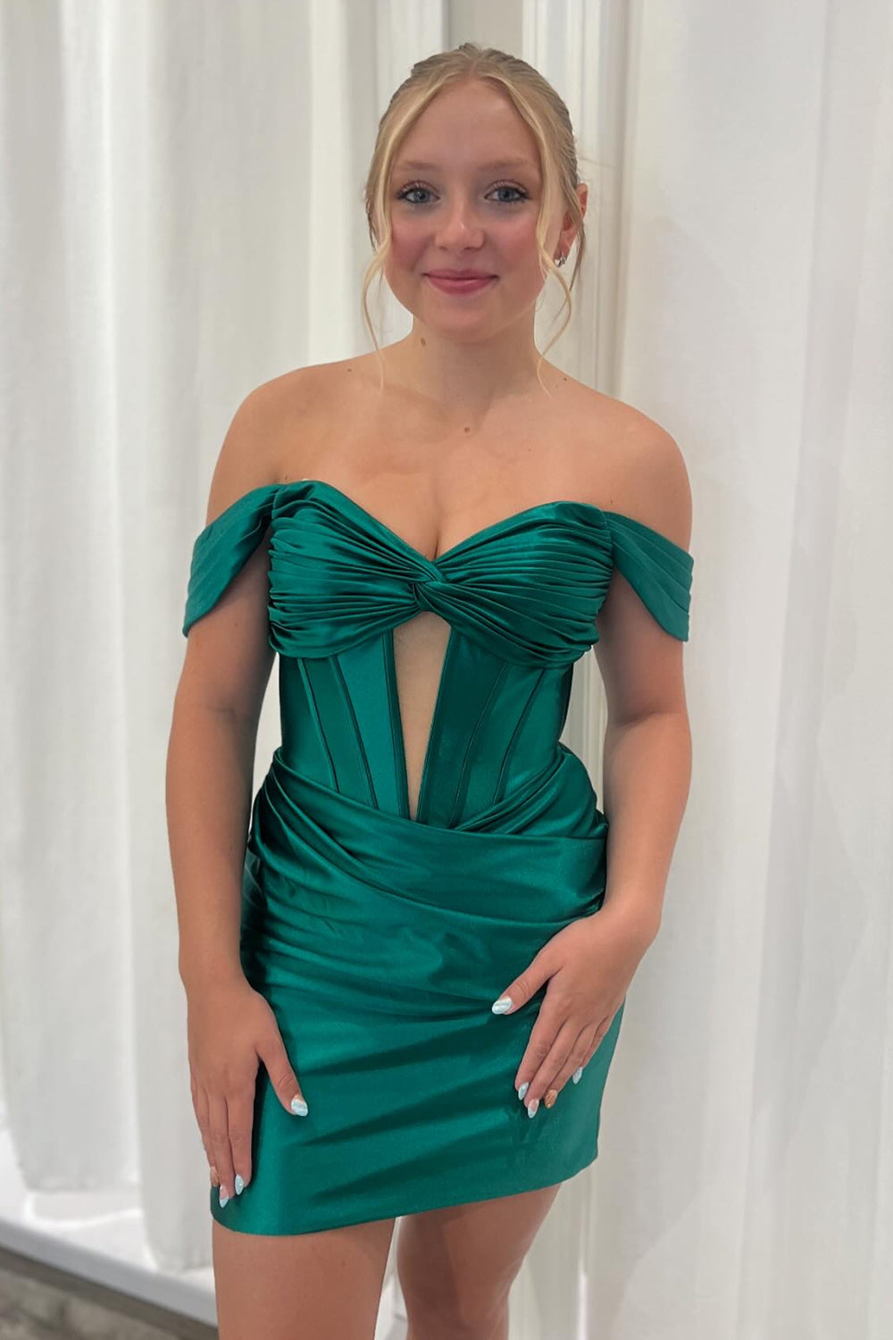 Off The Shoulder Dark Green Corset Tight Short Homecoming Dress/Mini Dress