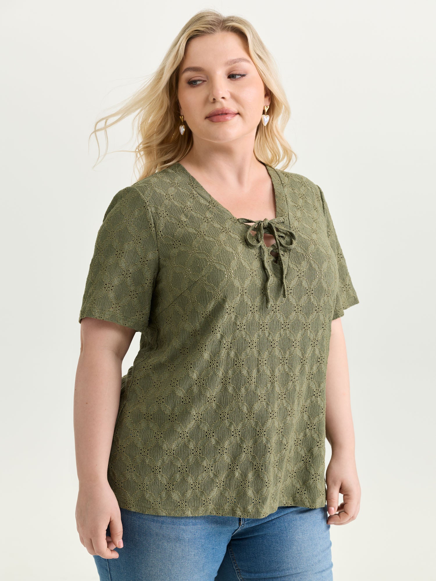 Lace Cut-Out Trim Neck-Tie T-Shirt