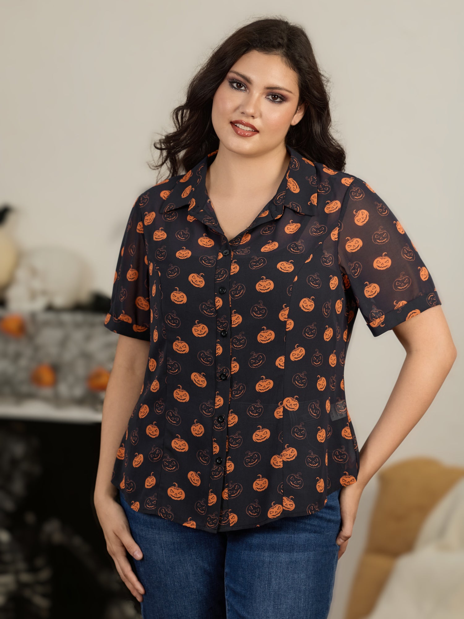 Pumpkin Jack‑o‑Lantern Print Button‑Front Blouse