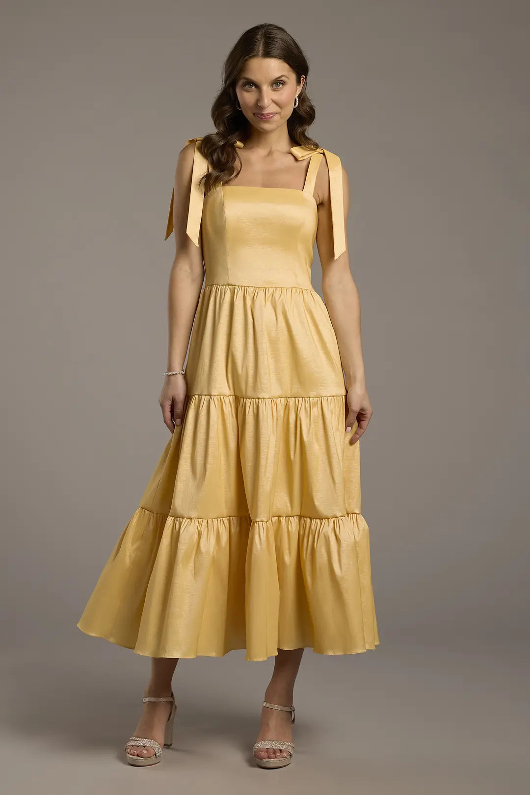 Tiered Taffeta Midi Dress with Tie Straps