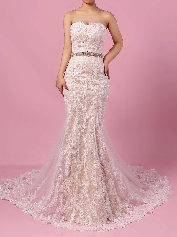 Luxurious Mermaid Sweetheart Strapless Lace Tulle Sweep Train Wedding Dresses with Sash
