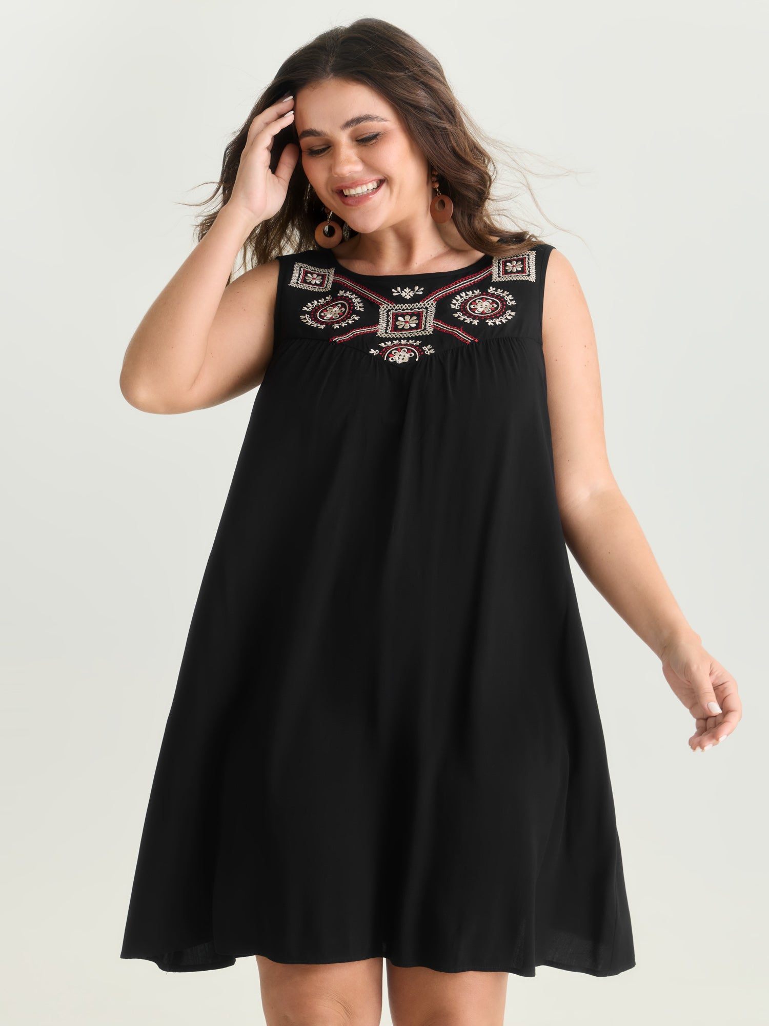 Boho Embroidered Neckline Sleeveless Mini Dress