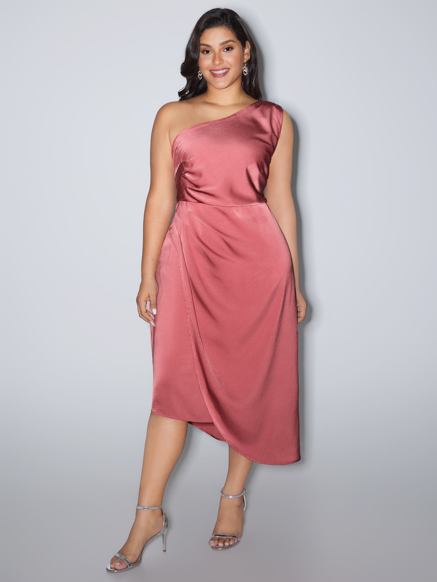 One-Shoulder Draped Asymmetrical Hem Midi Dress