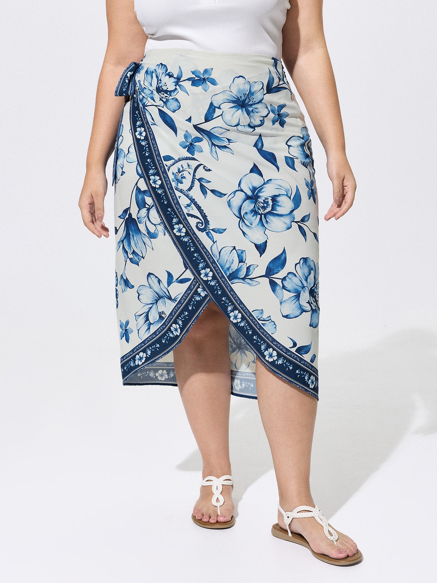 Floral Print Contrast Wrap Tie Midi Skirt