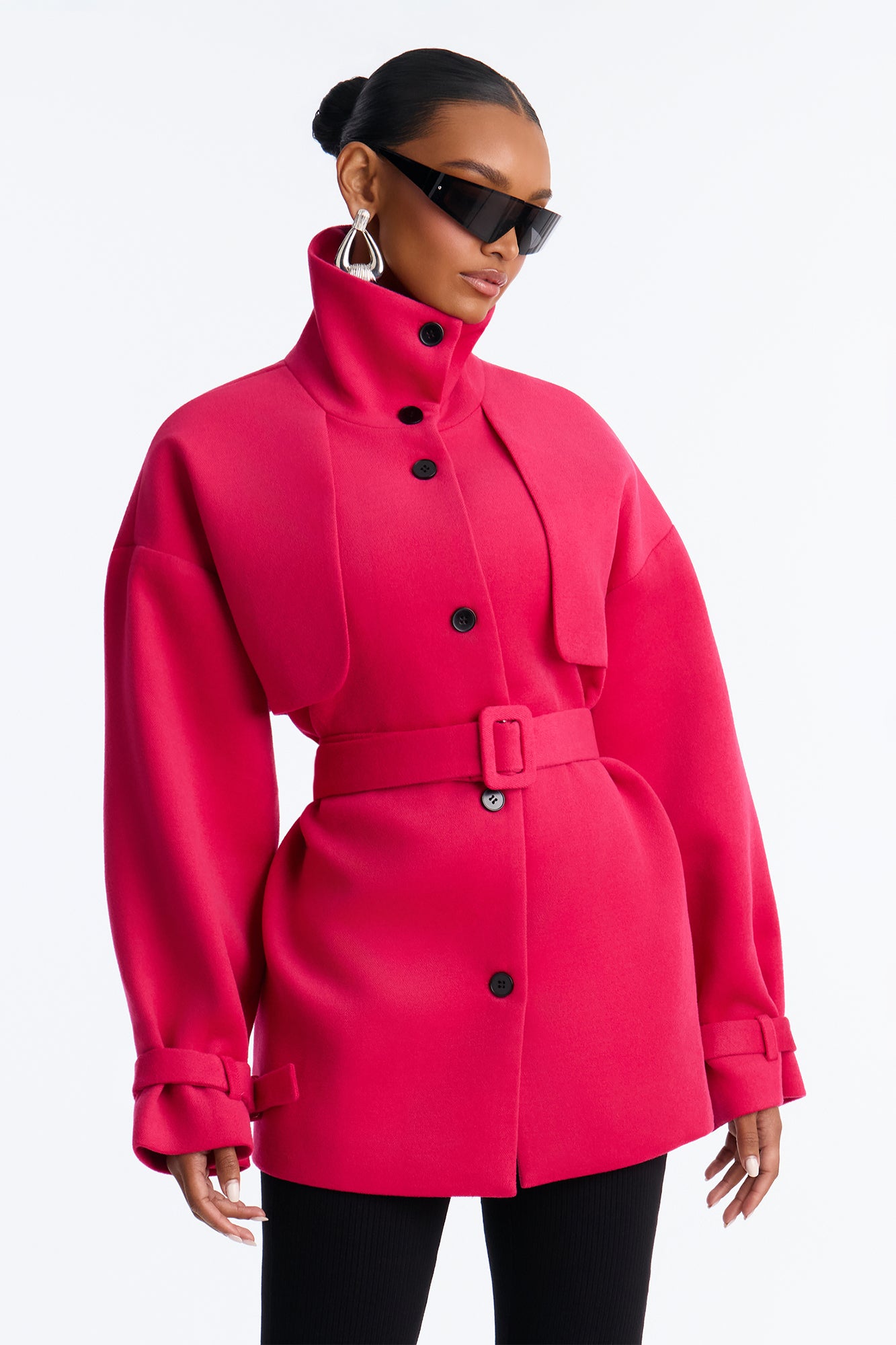 The Icon Belted High Neck Coat - Hot Pink