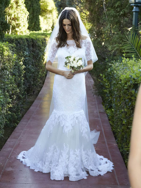 Gorgeous Sweep Train Trumpet Off-The-Shoulder Short Sleeves Lace Wedding Dresses