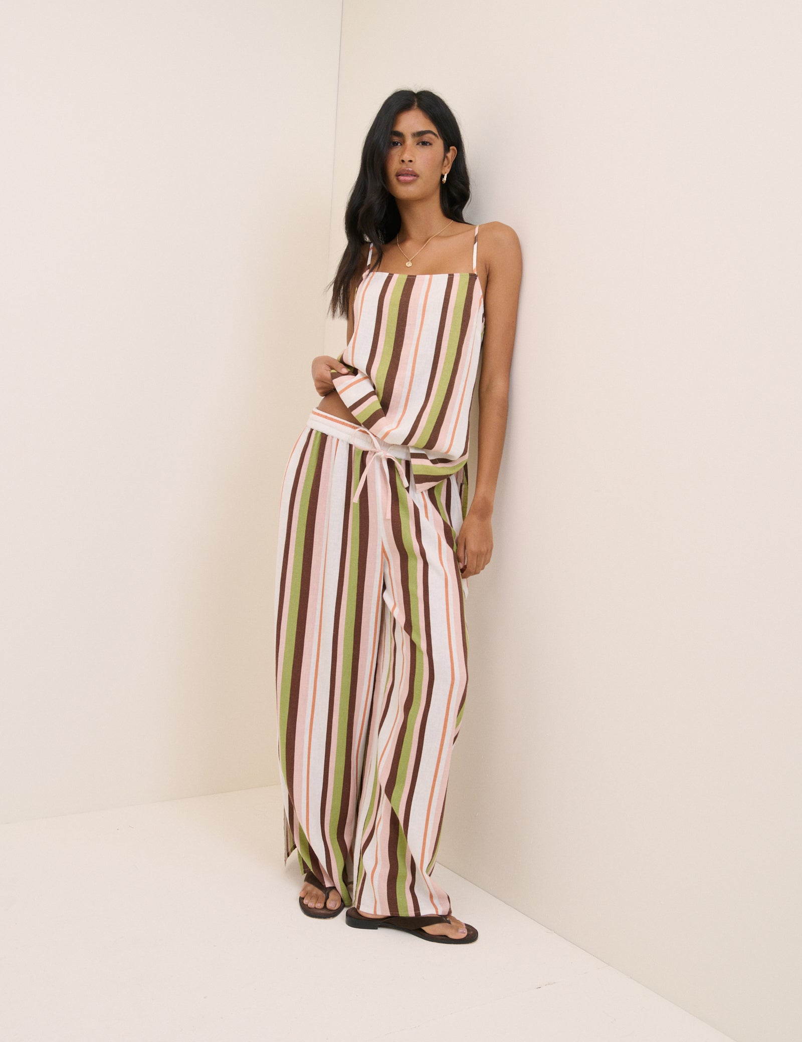 Multi-Coloured Striped Linen-Rich Split Hem Trousers