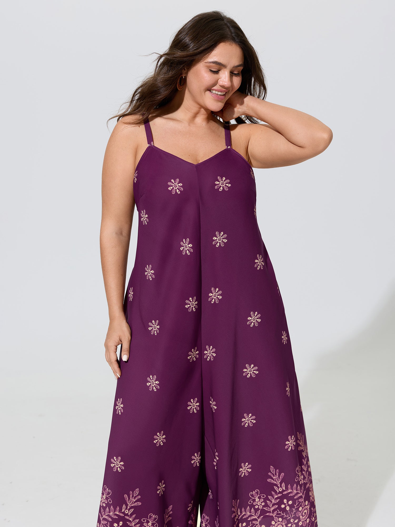 Floral Embroidery Pocket Wide Leg Jumpsuit