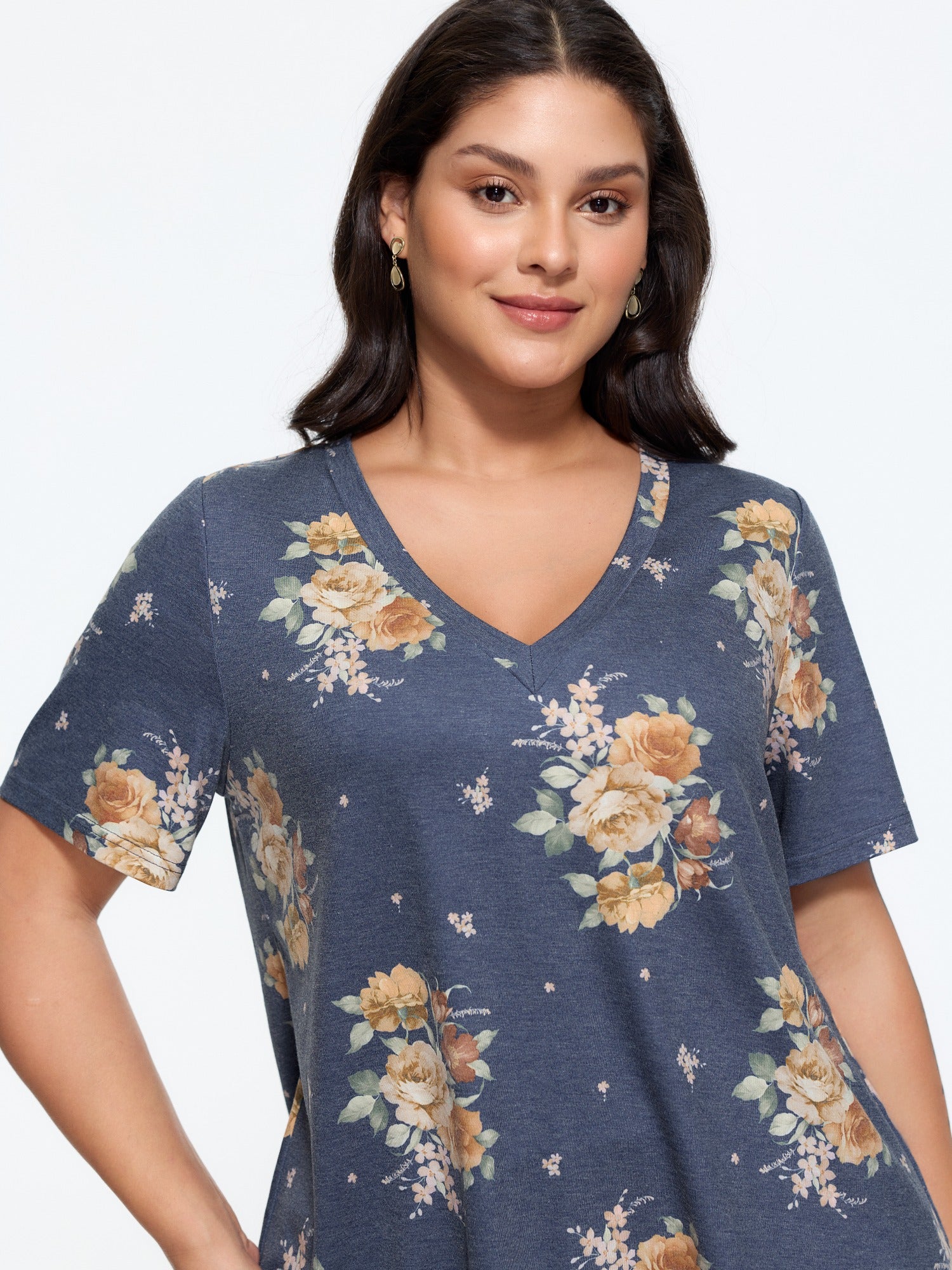 Stretch Vintage Rose Floral Print T‑Shirt