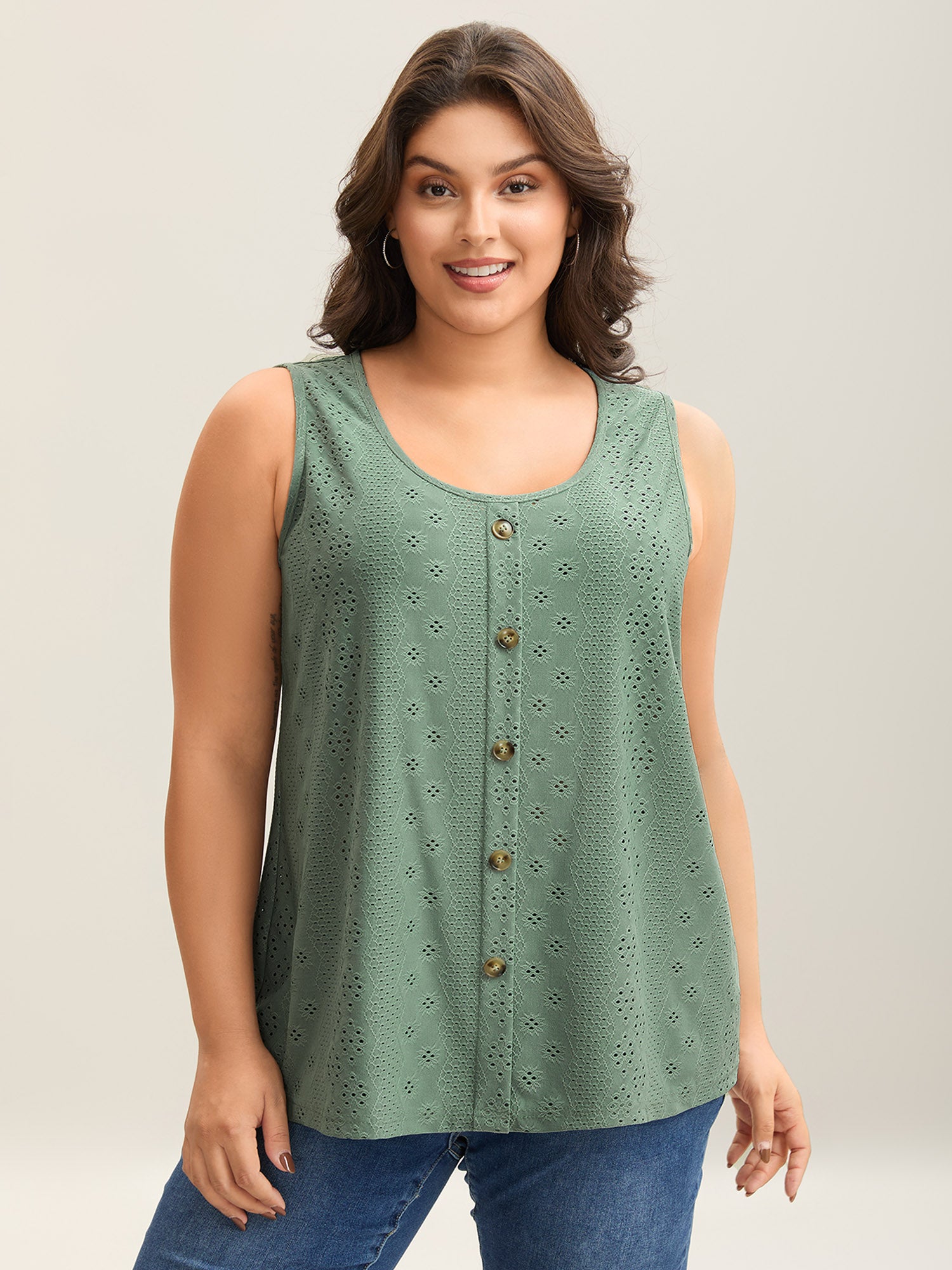 Cut-Out Textured Button Detail Tank Top