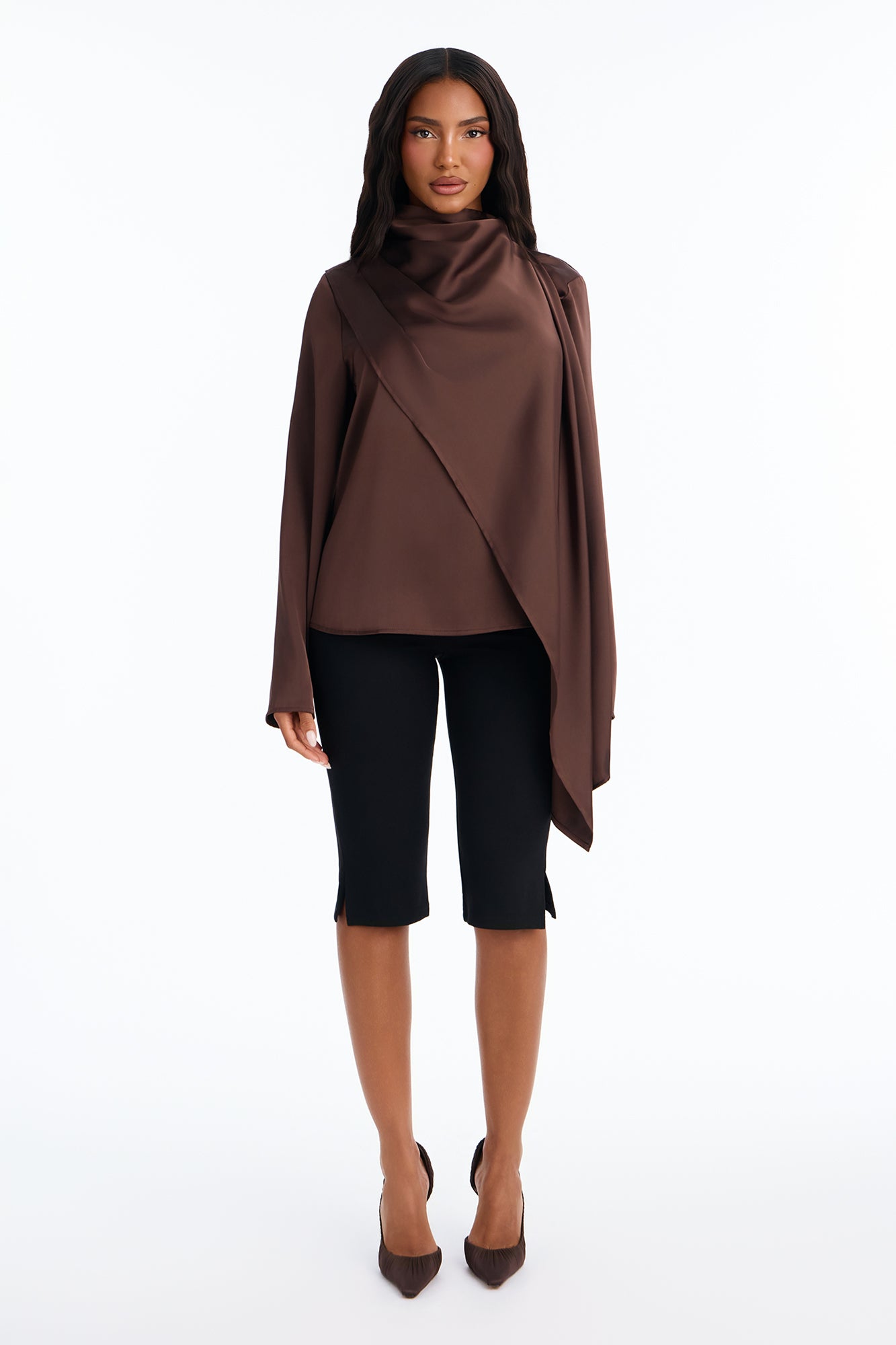 City Living Draped Satin Blouse - Brown
