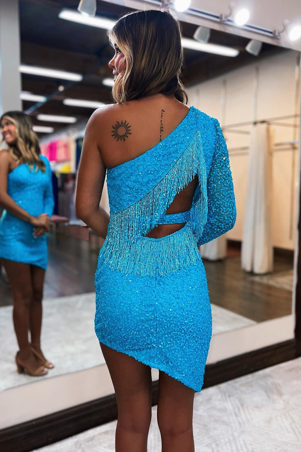 Sparkly Sky Blue One Shoulder One Sleeve Tight Homecoming Dress/Mini Dress with Fringes