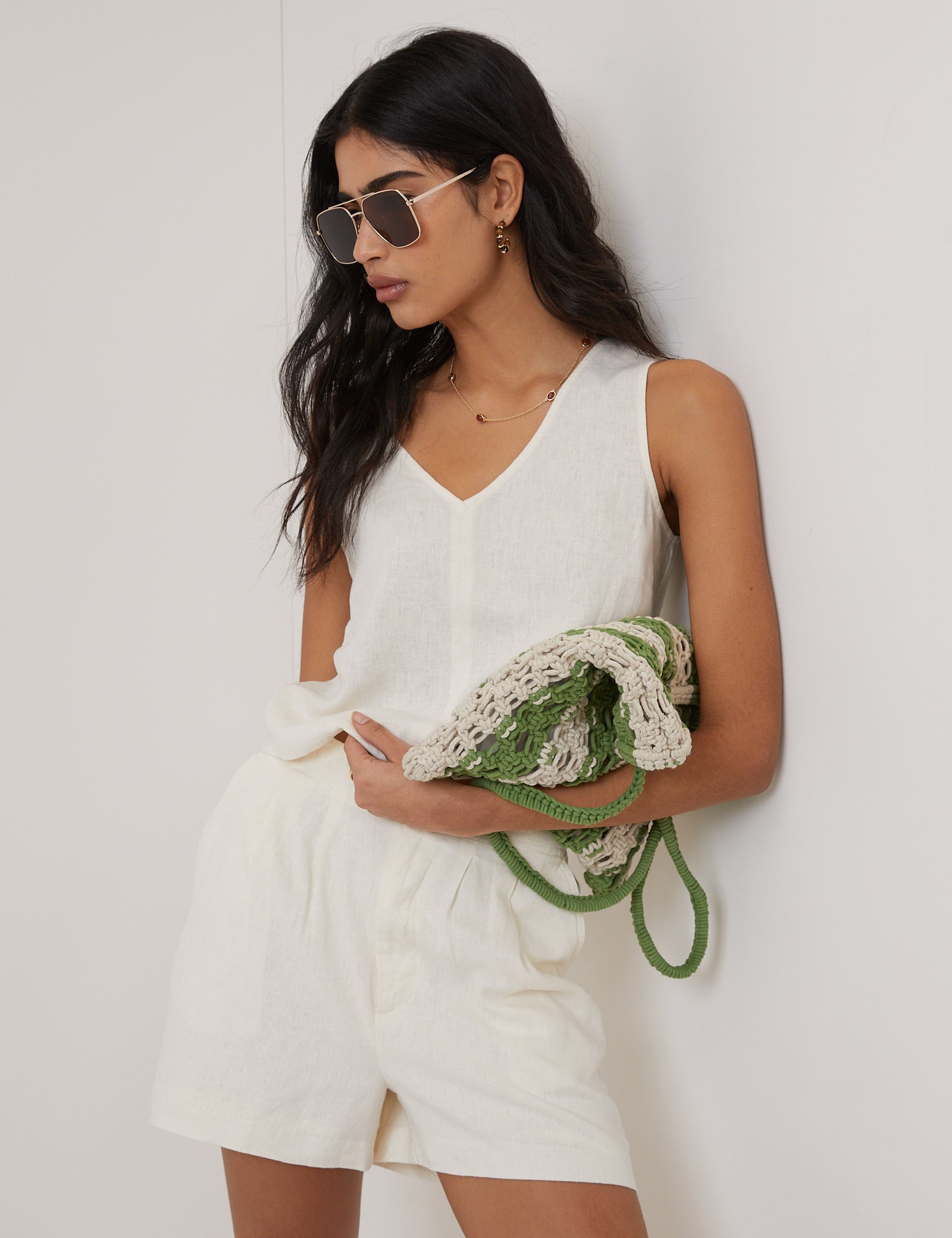 White Linen-Rich V-Neck Cropped Top