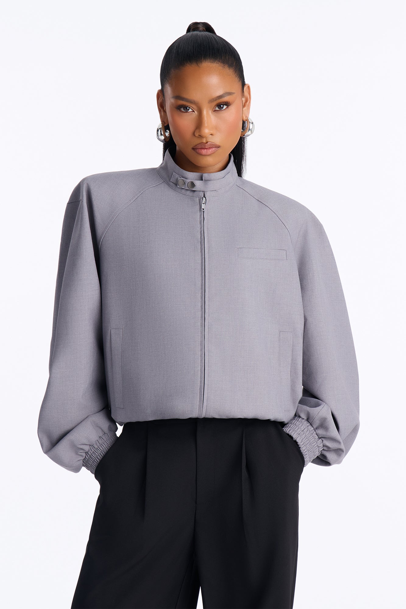 Sunday Stroll Strong Shoulder Bomber Jacket - Charcoal