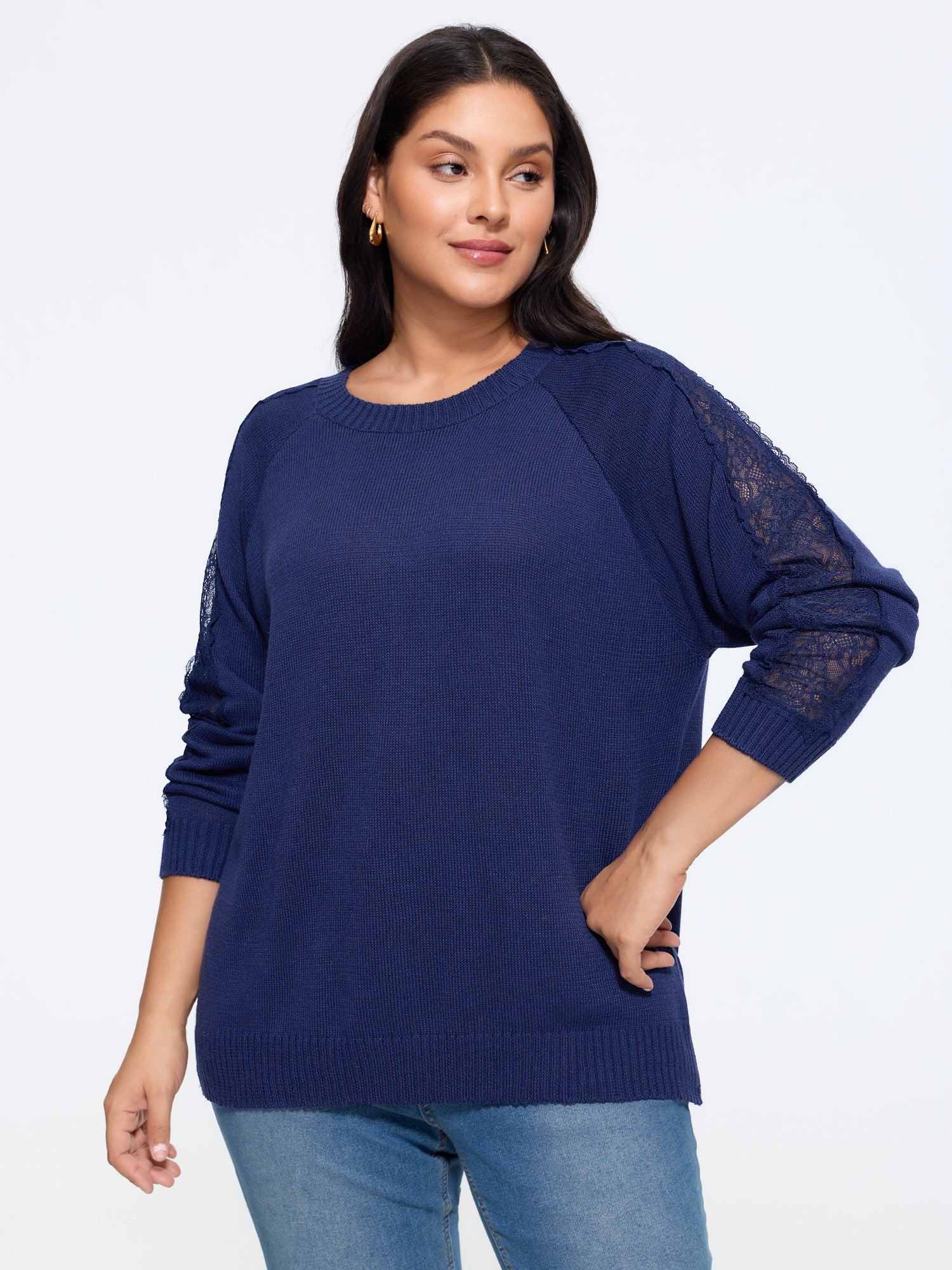 Crew Neck Lace Splice Detail Pullover