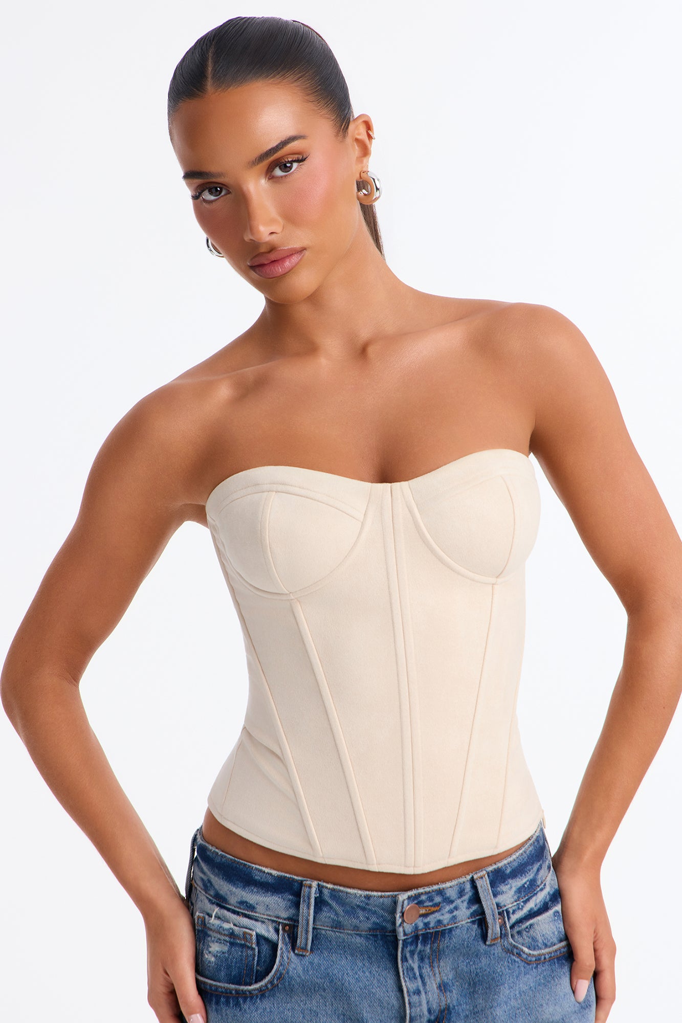 Never Left Faux Suede Corset Top - Stone