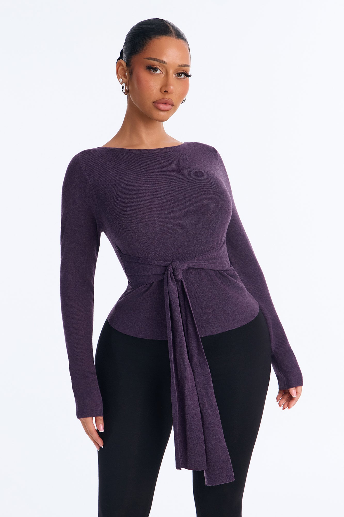 Love Struck Tie Waist Fitted Pullover Sweater - Plum