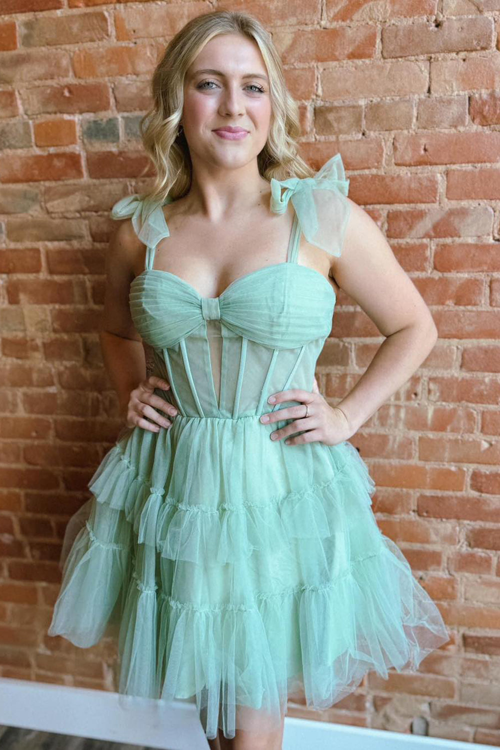 Green Spaghetti Straps Corset A-Line Short Homecoming Dress/Mini Dress