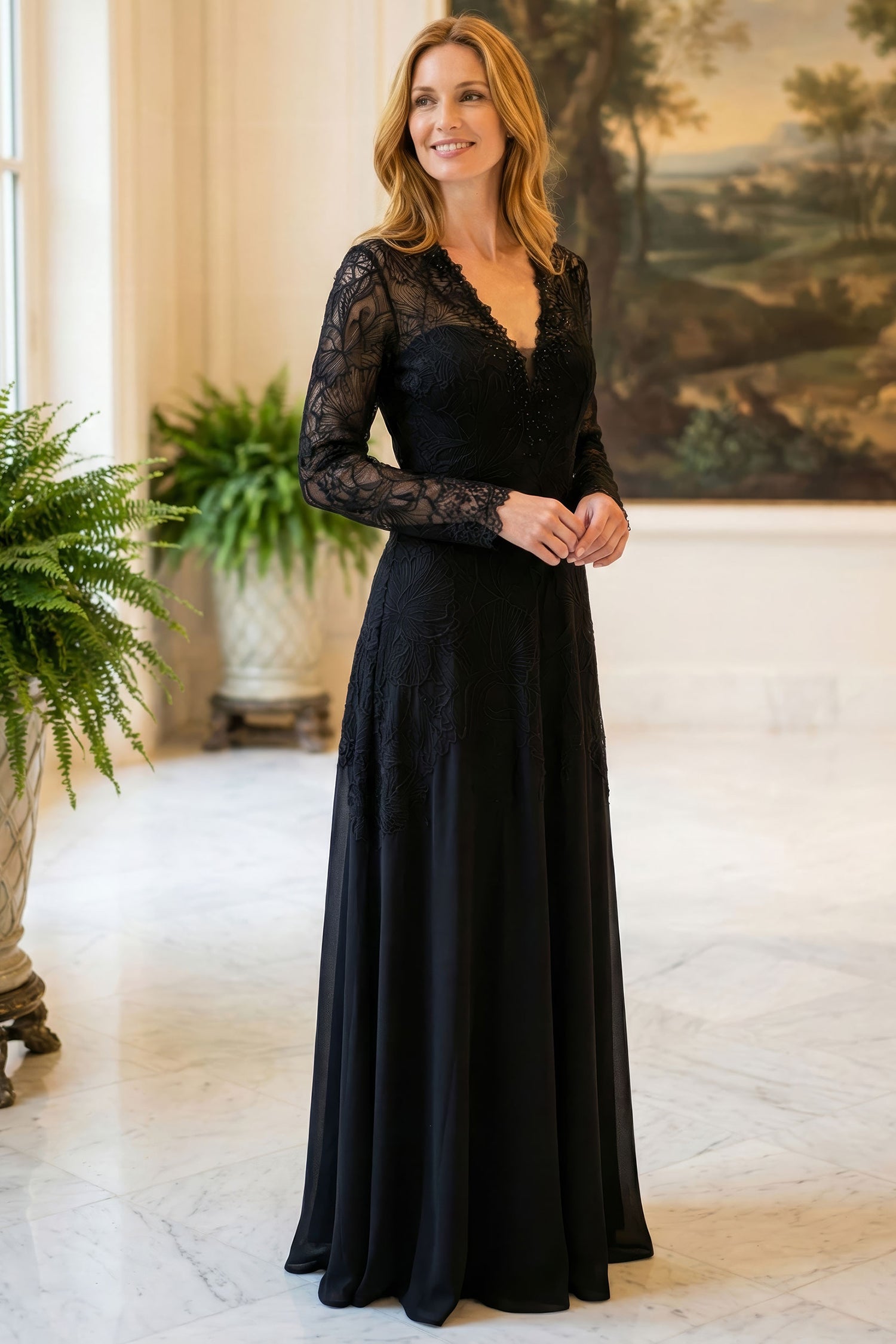 MGNY By Mori Lee 2070060 - Long Sleeve Floral Lace A-Line Evening Gown