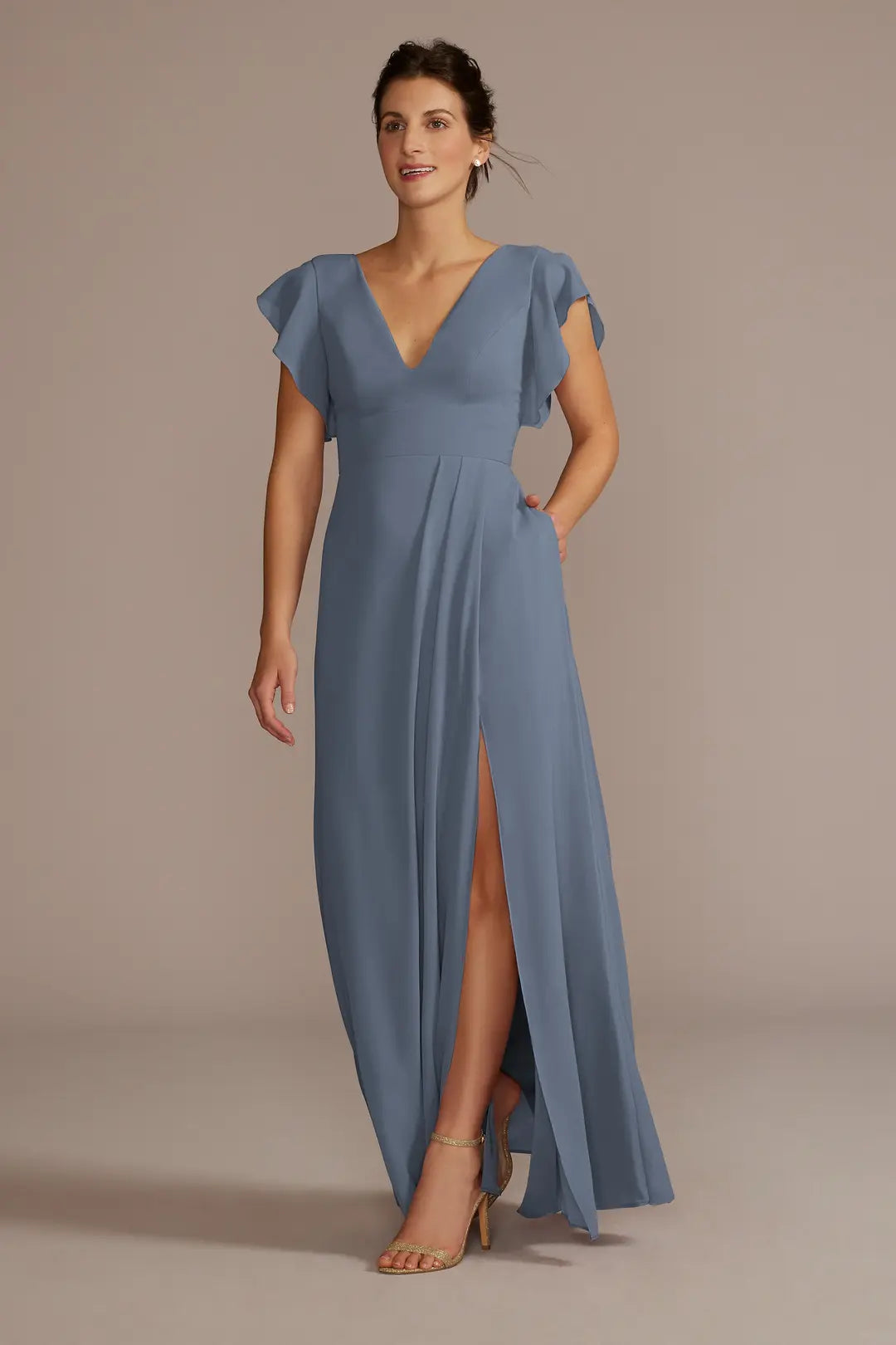 Flutter Sleeve Chiffon V-Neck Dress