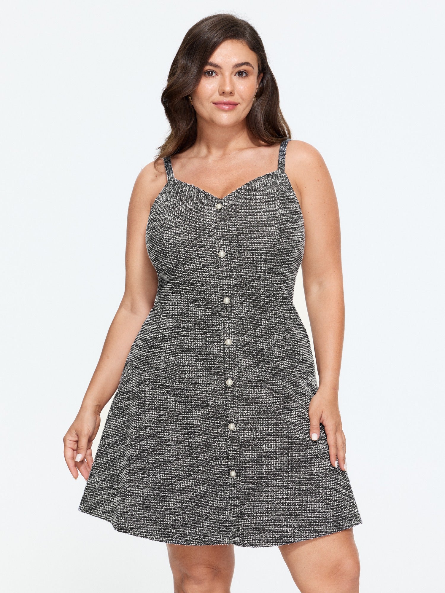 Tweed Sweetheart Neck Button Detail Mini Dress