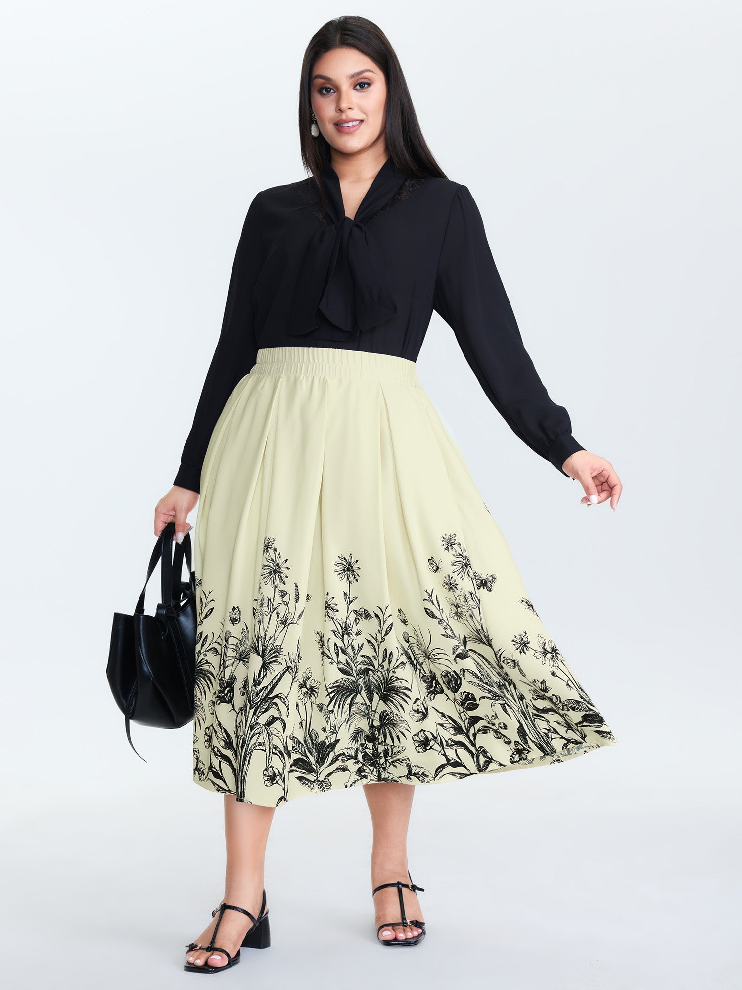 Floral Print Hem Pleated Maxi Skirt