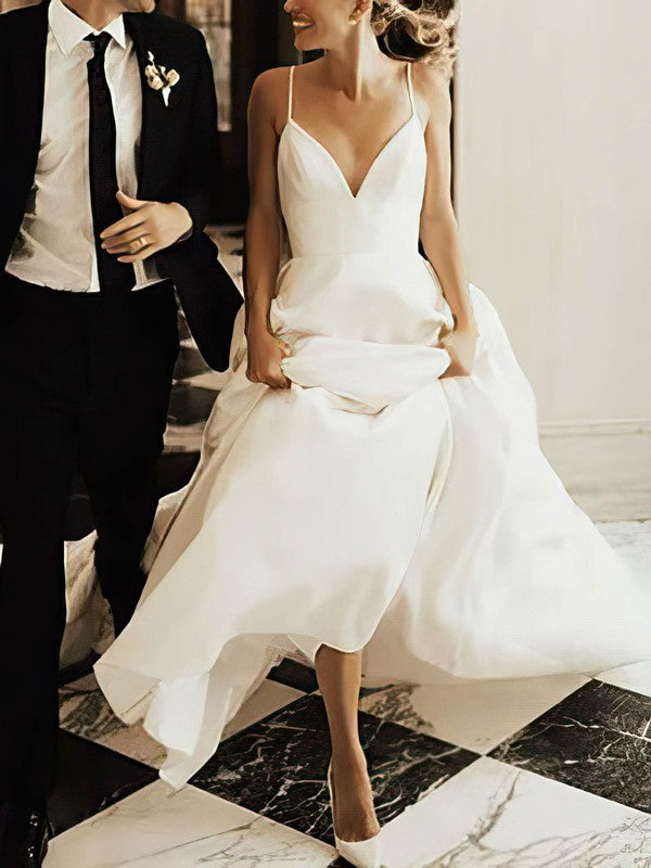 Elegant Ball Gown V-Neck Spaghetti Straps Satin Chapel Train Wedding Dresses