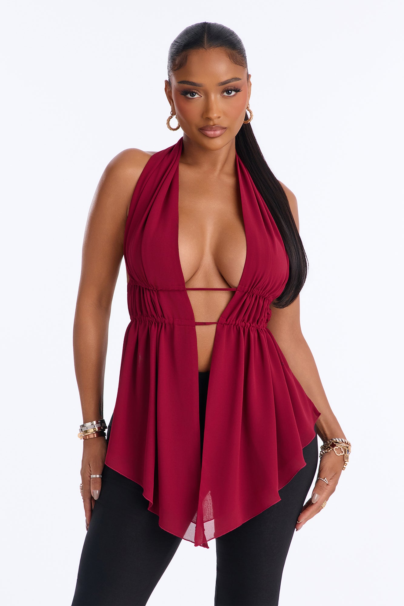 Tia Plunge Halter Top - Burgundy