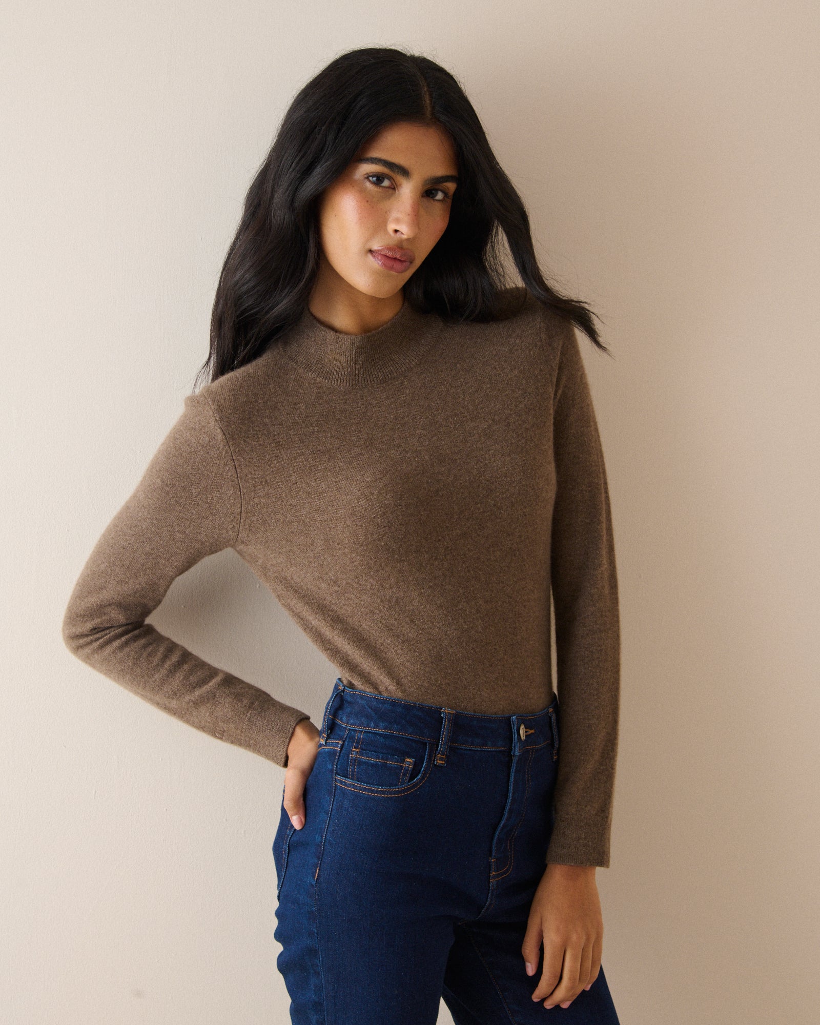 Brown Cashmere Funnel Neck Jumper