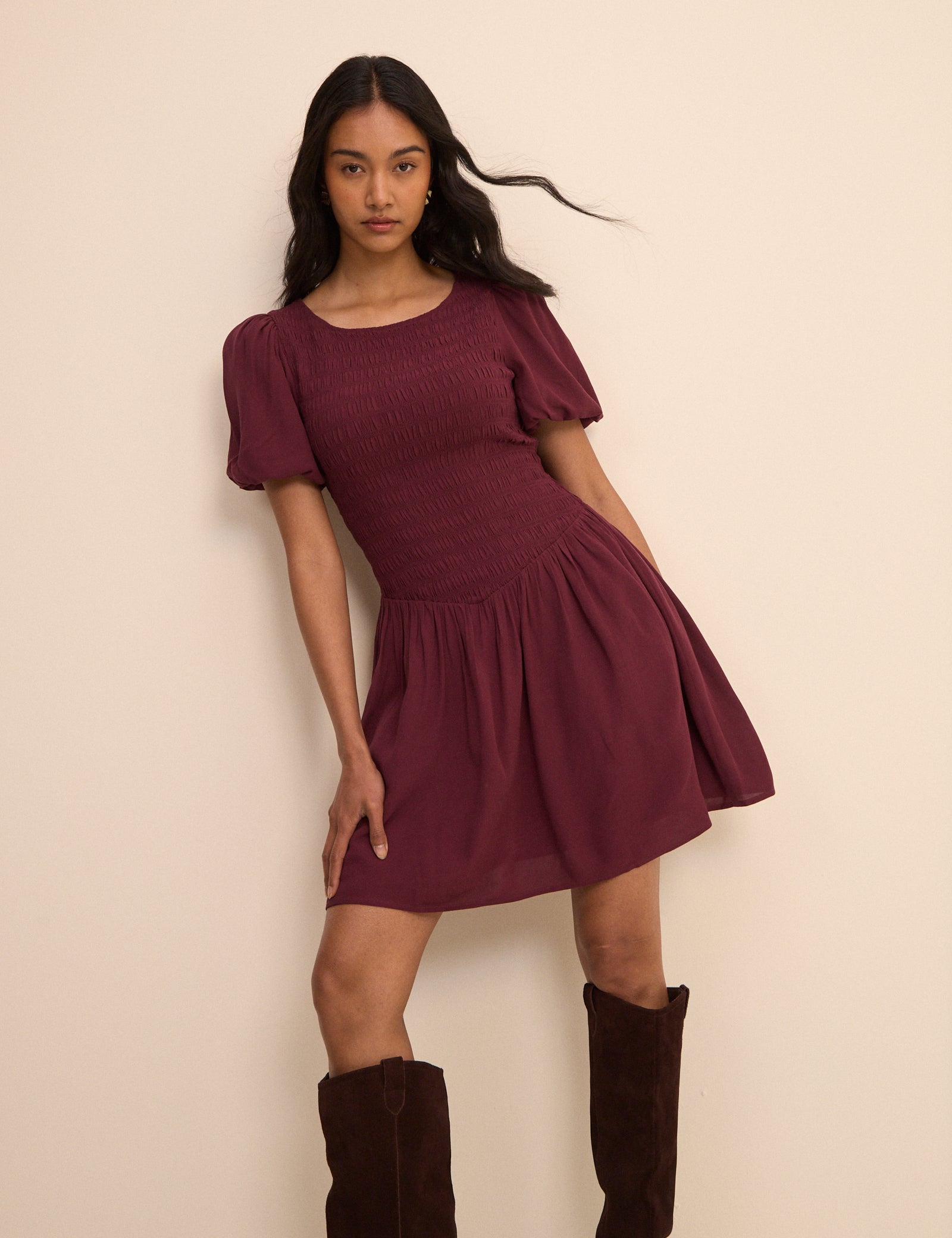 Petite Burgundy Shirred Landy Mini Dress