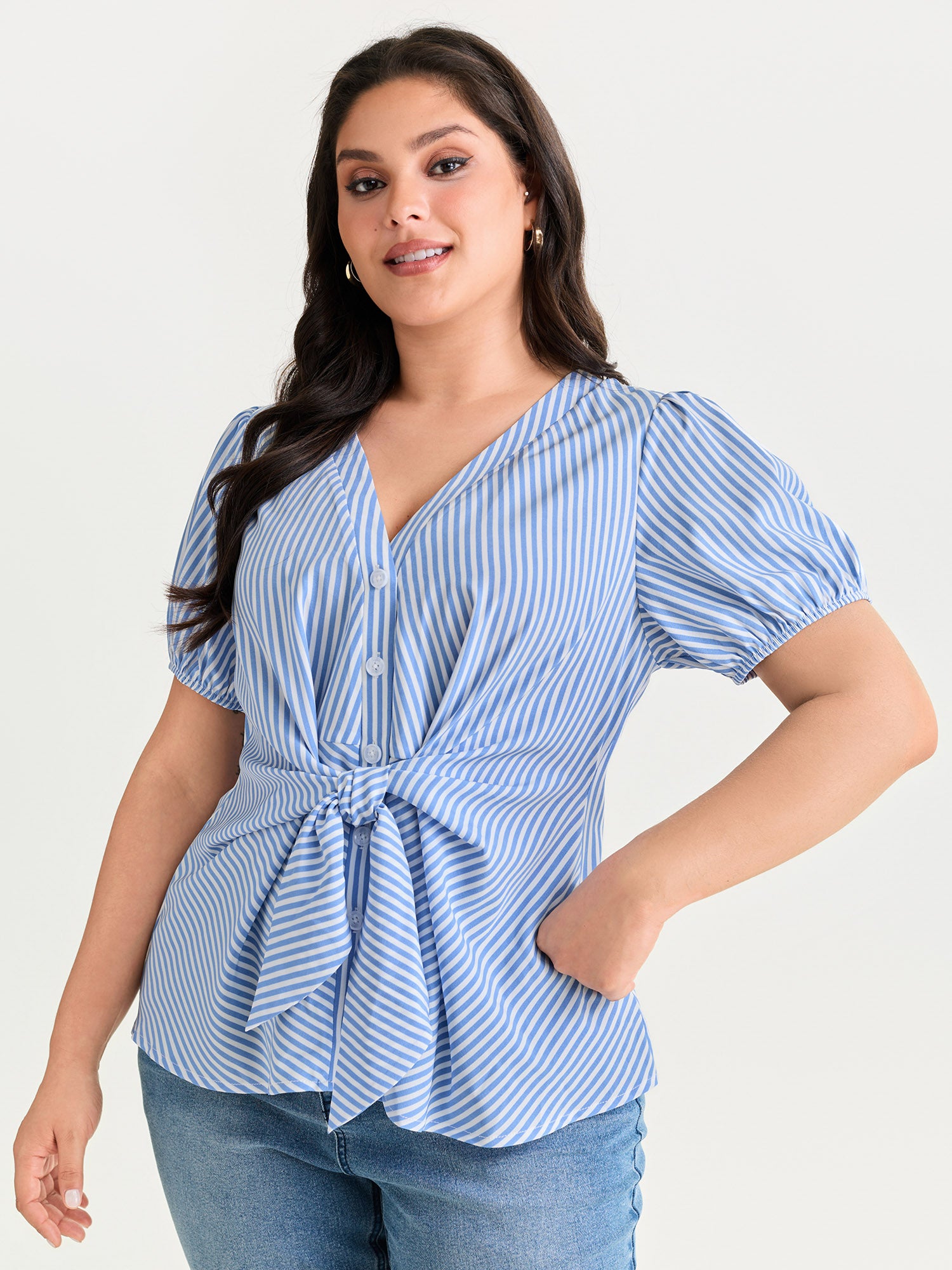 Striped Print Tie-Front Blouse