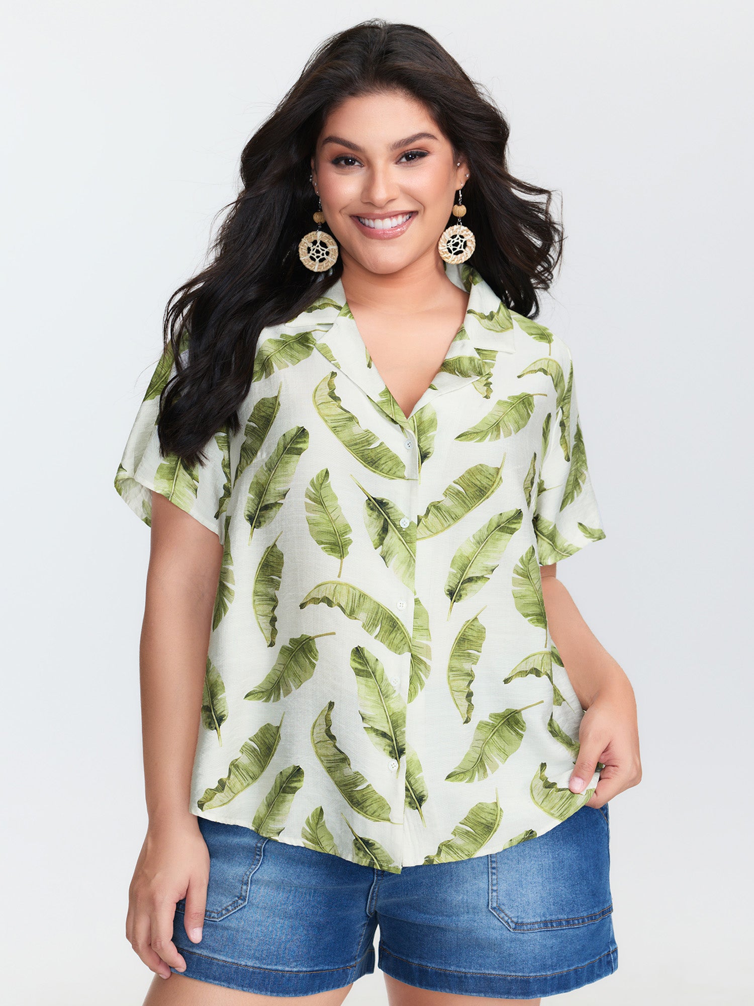Tropical Leaf Print Button-Down Blouse