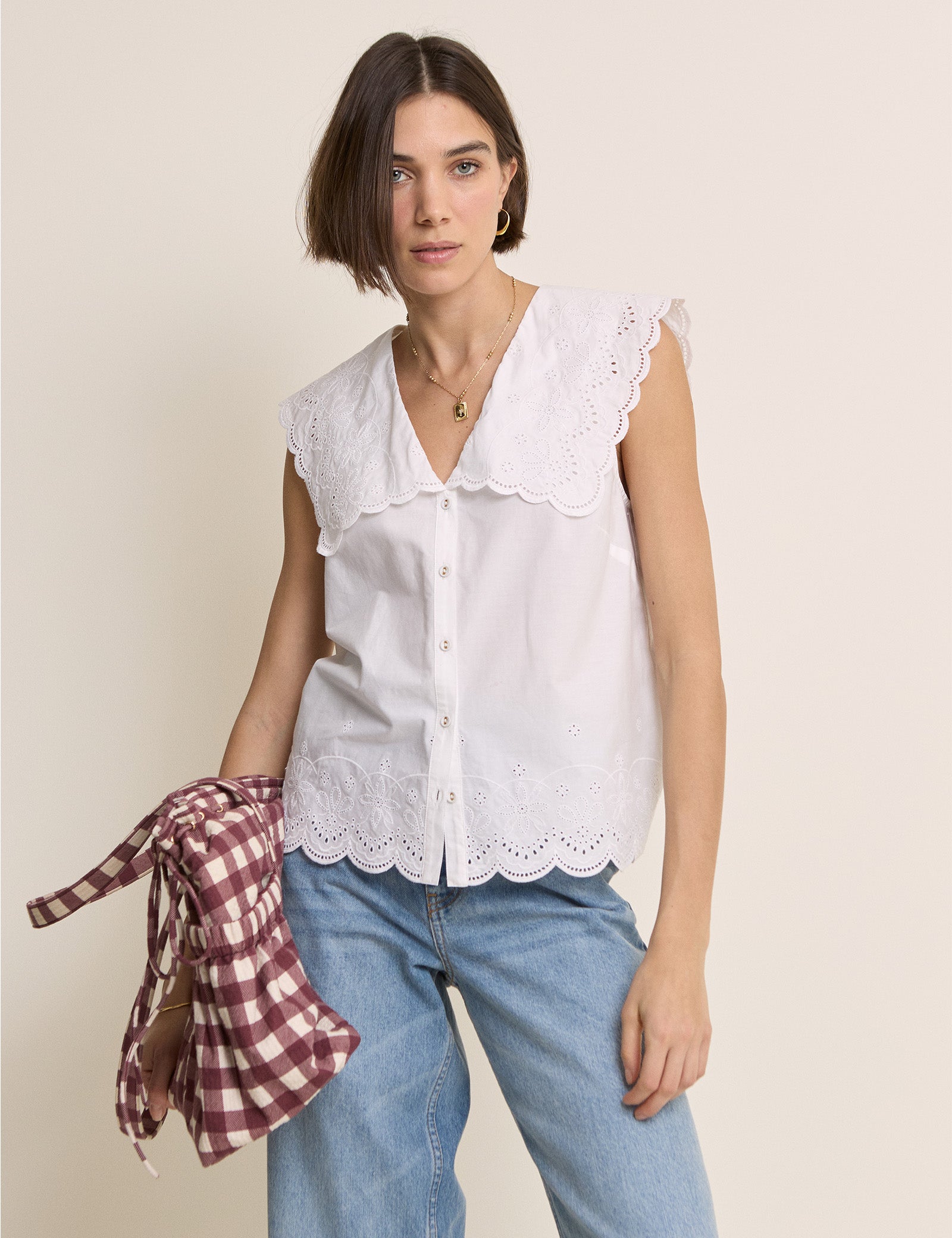 White Broderie Anglaise Collared Blouse