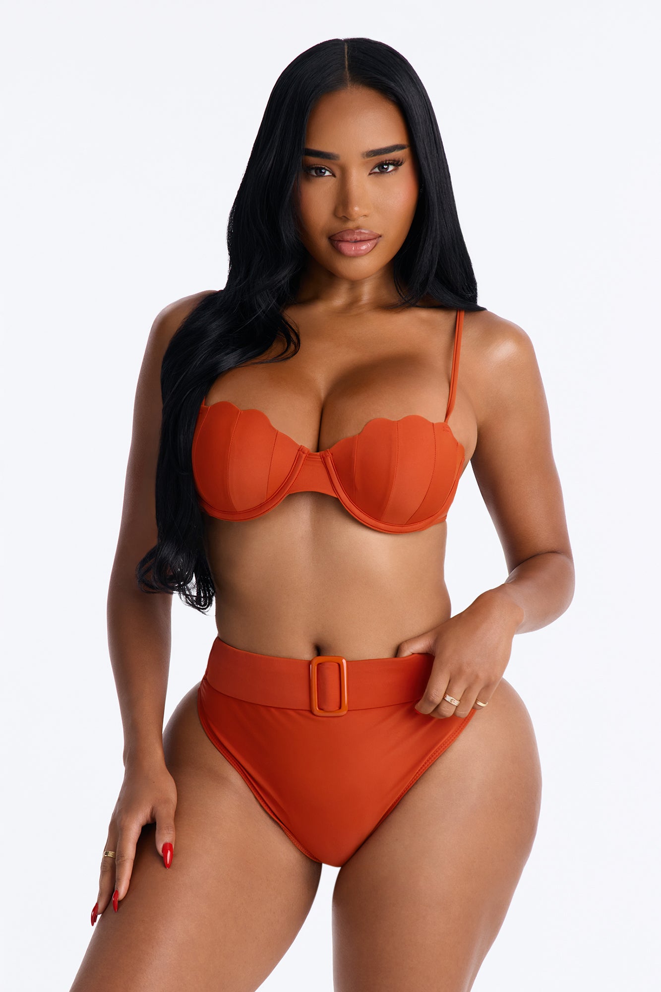 She's Ruthless 2 Piece Underwire Bikini & High Waisted Belted Bottom Set - Rust