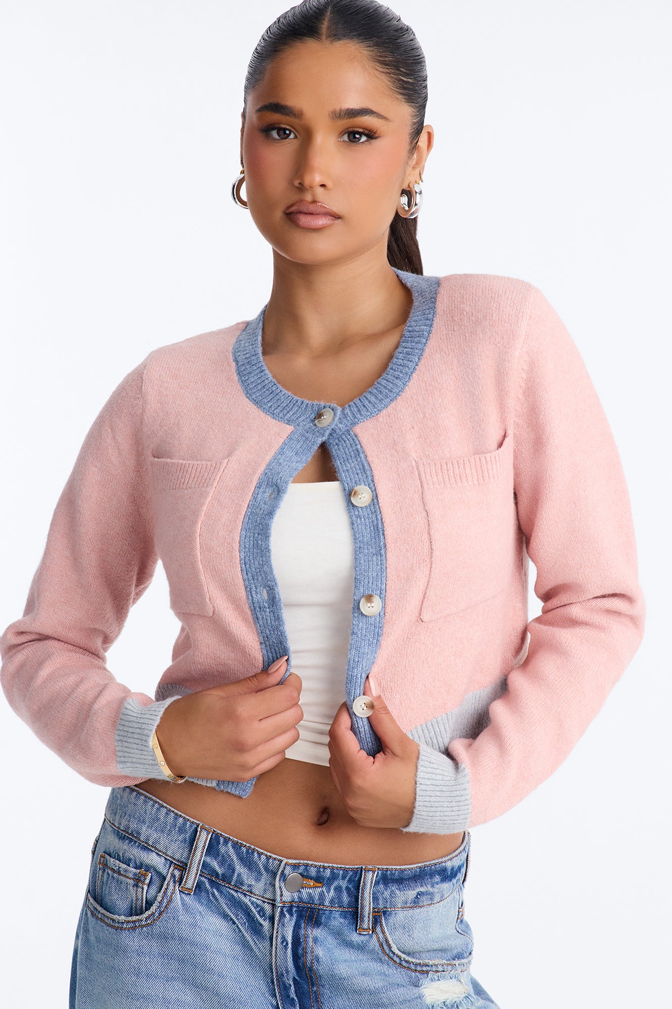 Blushing Button Up Cropped Cardigan - Pink/combo