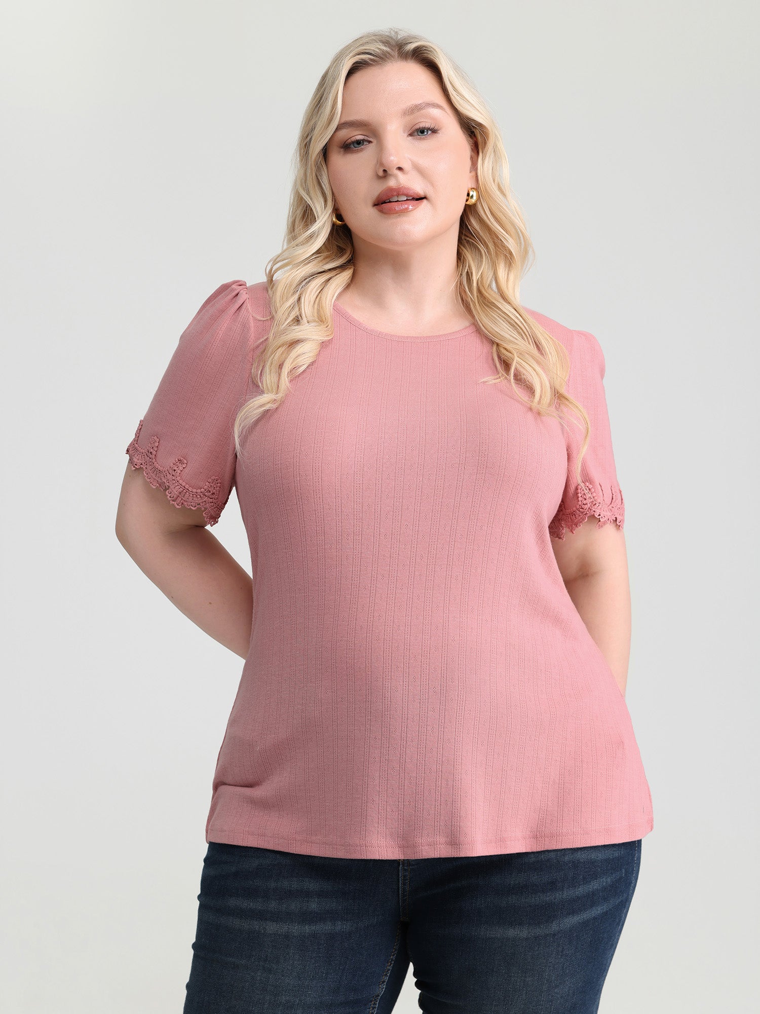 Lace Trim Textured Knit Plain Top